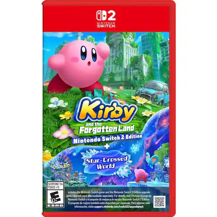 1. **Title and Edition:**
- Kirby and the Forgotten Land
- Nintendo Switch 2 Edition
2. **Additional Content:**
- Star-Crossed World
3. **Rating:**
- EVERYONE 10+
- TODOS +10
4. **Inclusions:**
- Includes the Nintendo Switch game and the Nintendo Switch 2 Edition upgrade pack.
- El paquete de mejora también está disponible por separado.
5. **Upgrade Pack Information:**
- For details, visit support.nintendo.com/switch2/upgradepack
6. **ESRB Information:**
- ESRB rating: E for Everyone 10+
- Para obtener más información, visite support.nintendo.com/switch2/upgradepack - E (Everyone)