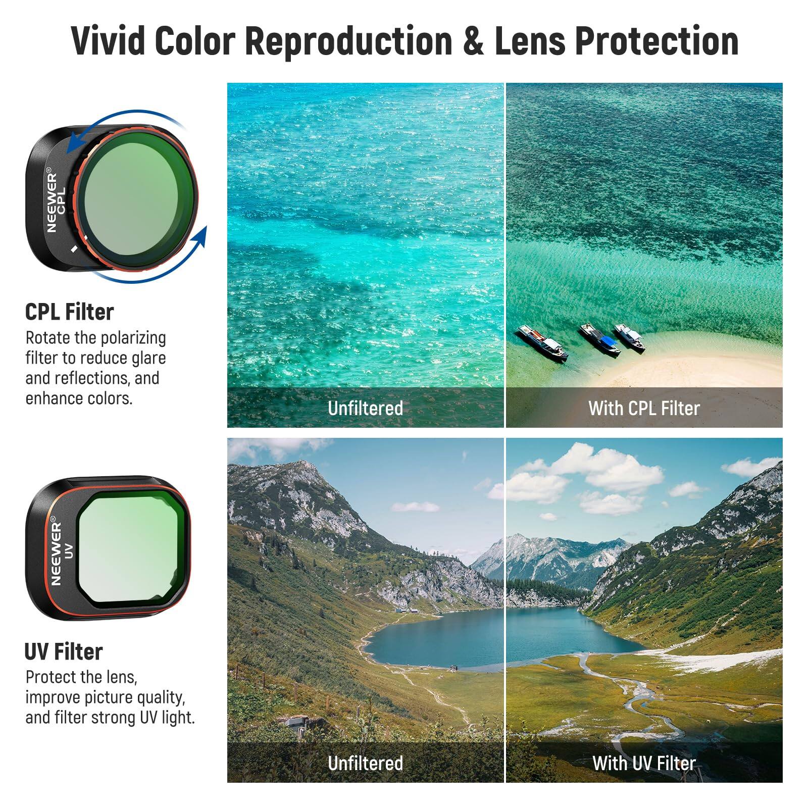 Vivid Color Reproduction & Lens Protection

CPL Filter
Rotate the polarizing filter to reduce glare and reflections, and enhance colors.
Unfiltered With CPL Filter

UV Filter
Protect the lens, improve picture quality, and filter strong UV light.
Unfiltered With UV Filter