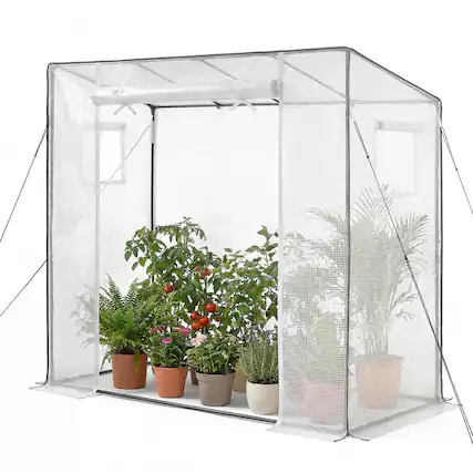 Front. VEVOR - Walk-in Greenhouse, 76.8" x 30.3" x 66.1" Greenhouse for Outdoors with Windows, PE Cover, Roll-Up Zipper Door - White.