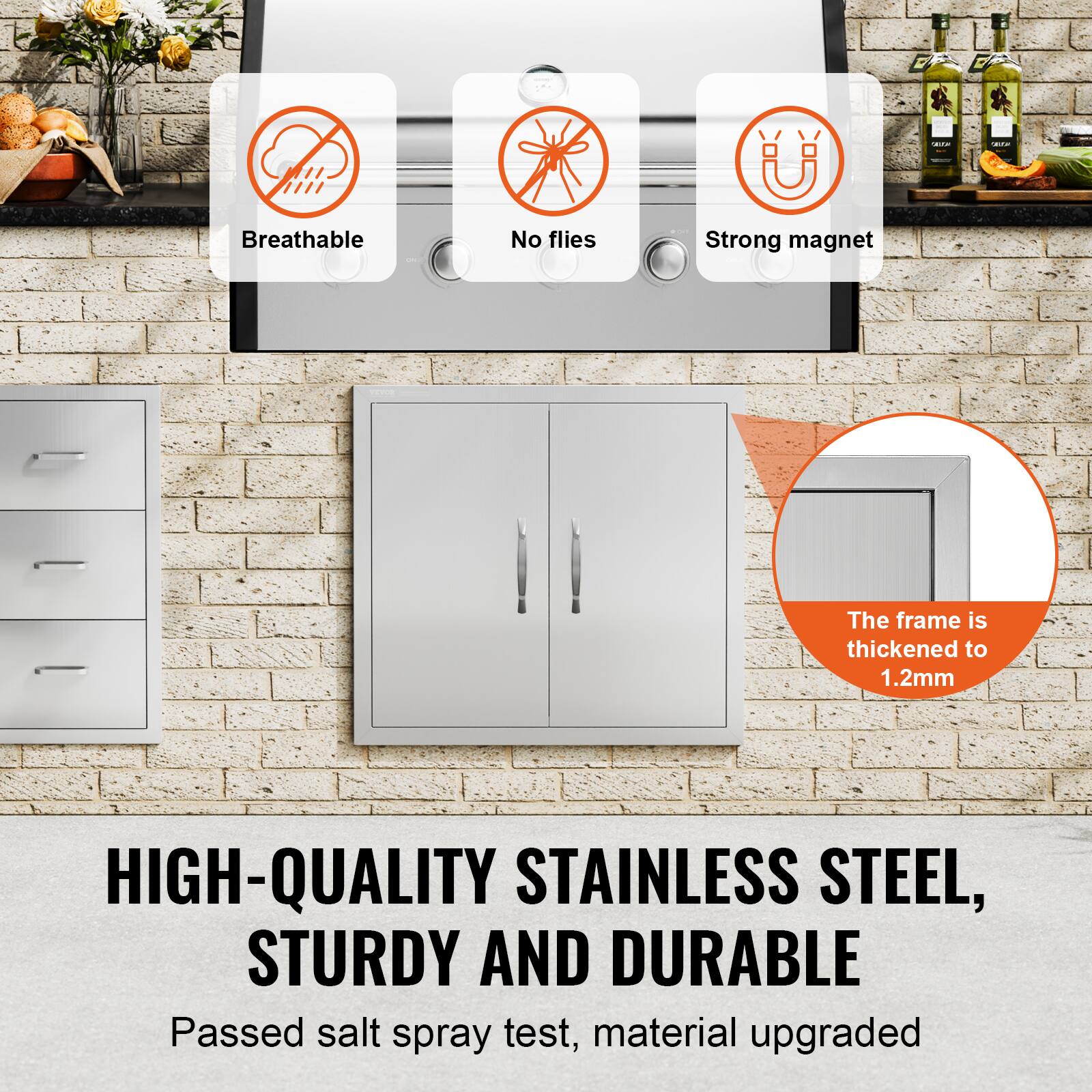 - Breathable
- No flies
- Strong magnet

The frame is thickened to 1.2mm

HIGH-QUALITY STAINLESS STEEL, STURDY AND DURABLE

Passed salt spray test, material upgraded