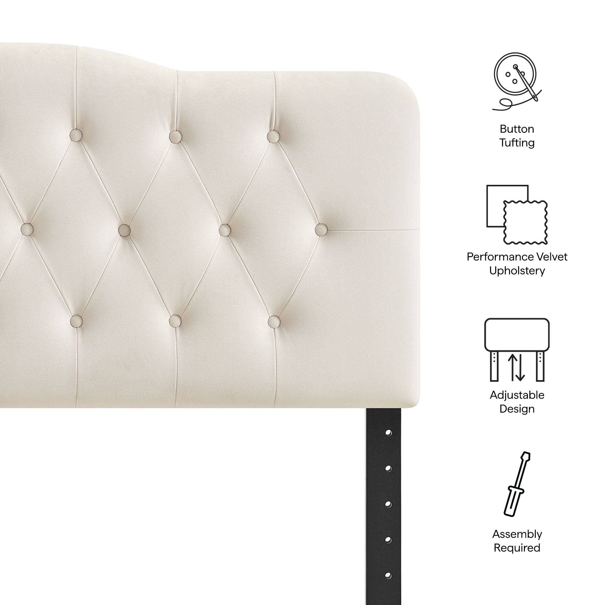 Button Tufting  
Performance Velvet Upholstery  
Adjustable Design  
Assembly Required