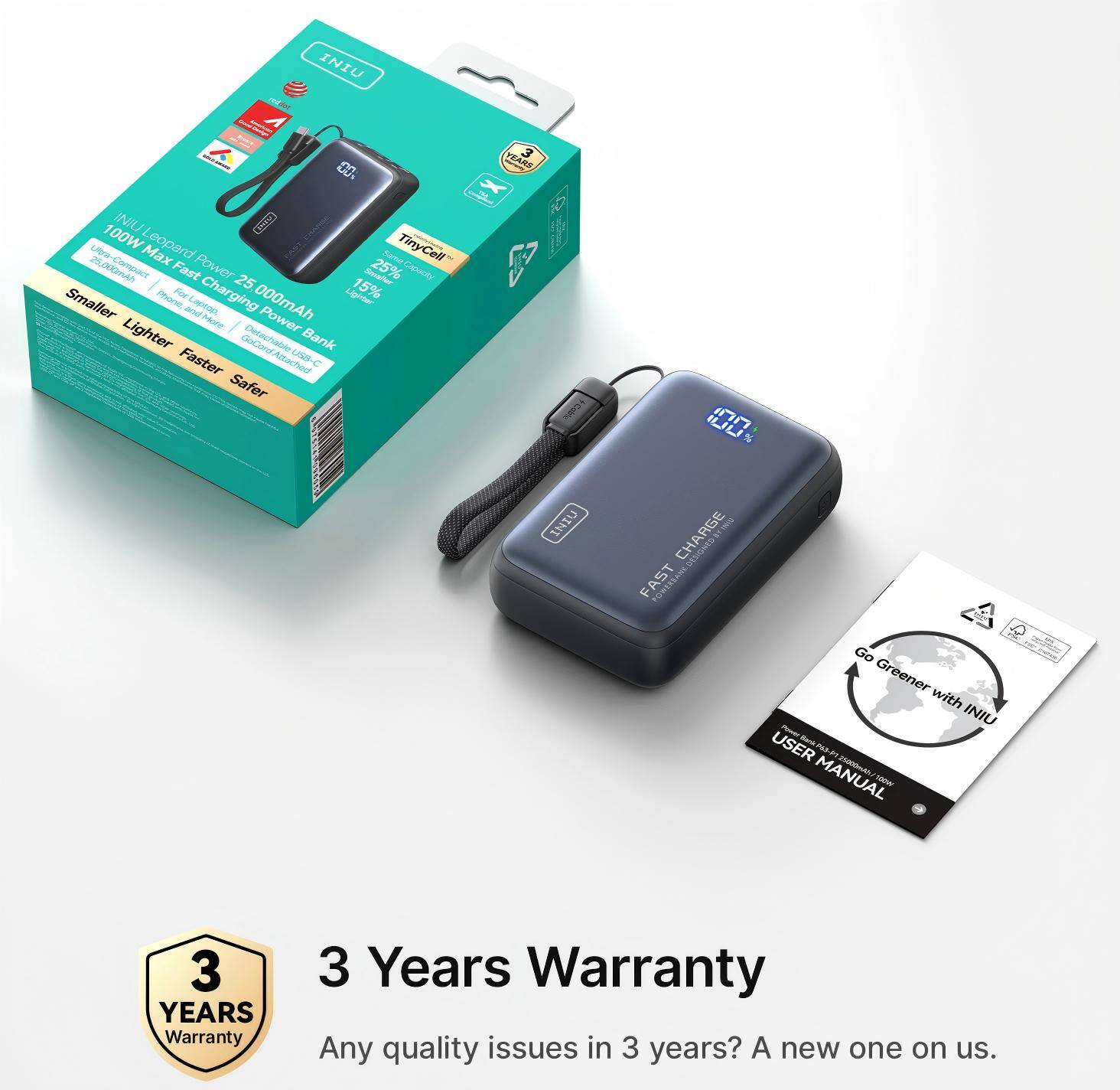 INIU 100W Leopard TinyCell Compact Max Power 25% Smaller Phone and Laptop Charging 25,000mAh Lighter Lighter More Power GoCordAttached deCoed Detachable Bank Faster USB-C Safer

3 YEARS WARRANTY

Any quality issues in 3 years? A new one on us.