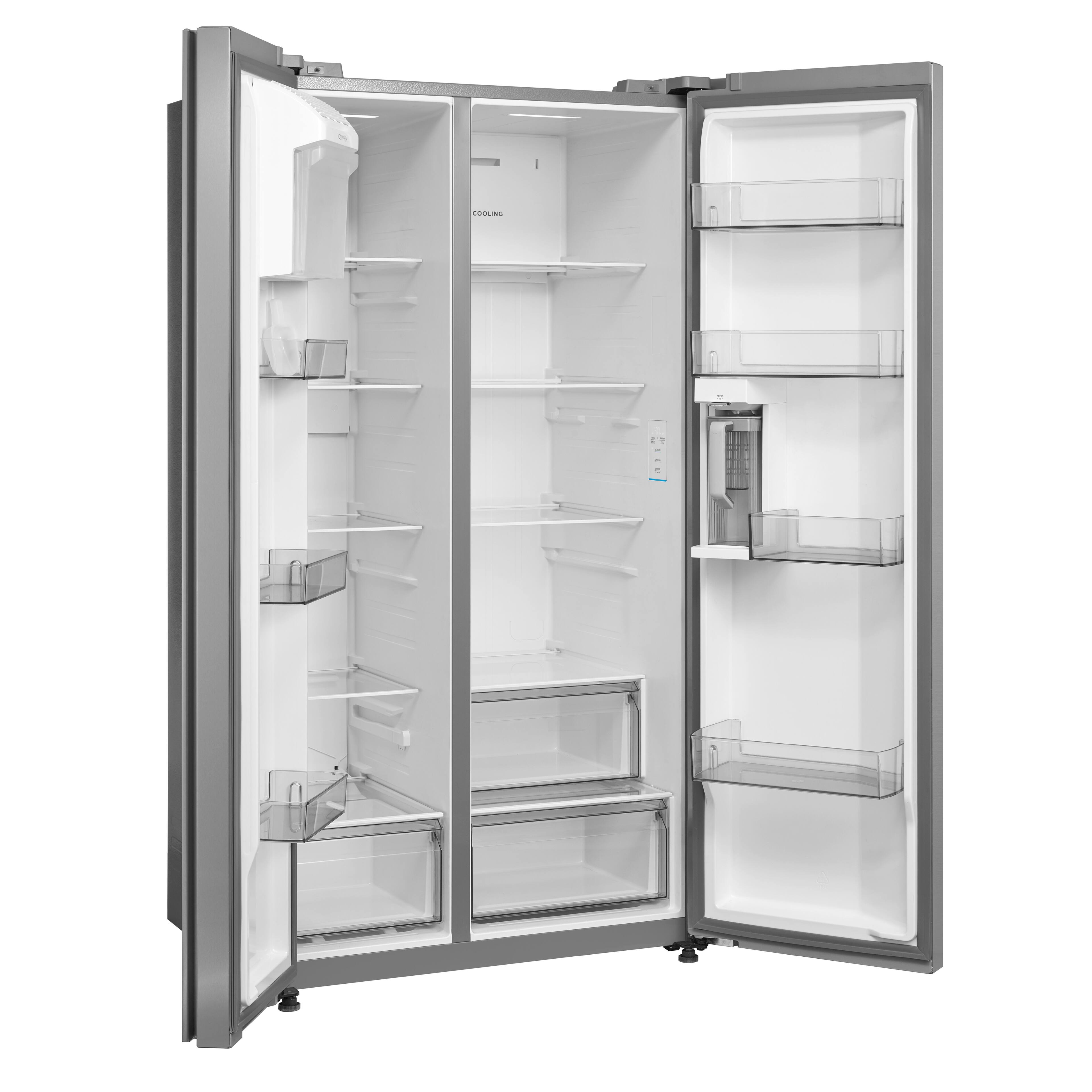 Angle. Midea - 36-in Wide Counter-Depth PLUS 24.5 Cu. Ft. Side-by-Side Refrigerator + Water2Ways AutoFill Pitcher + Ice Maker - Stainless Steel.
