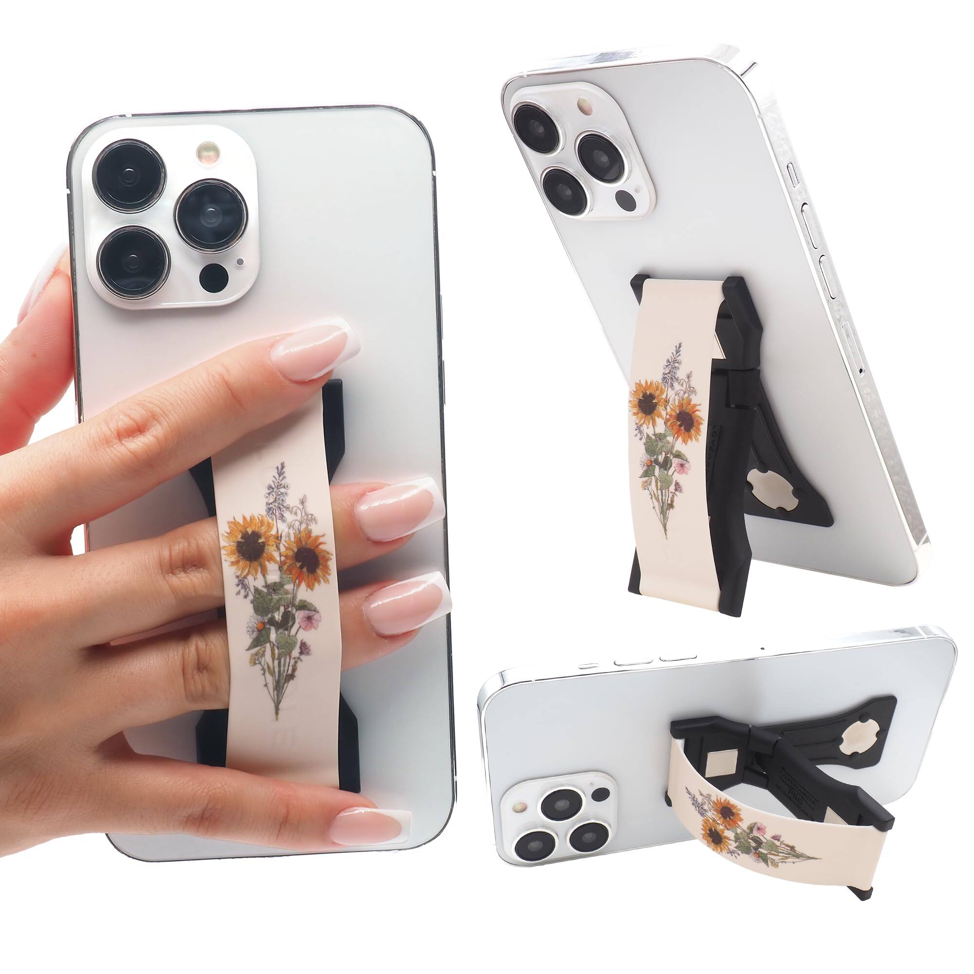 Front. HM 1810 - Pro Phone Grip - Silicone Strap Magnetic Mount And Kickstand For Smartphone Tablet Requiem Universal - Sunflower Bouquet.