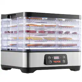 VEVOR - Food Dehydrator Machine, 5-Tray Fruit Dehydrator, 300W Electric Food Dryer w/ Digital Adjustable Timer & Temperature - Silver
