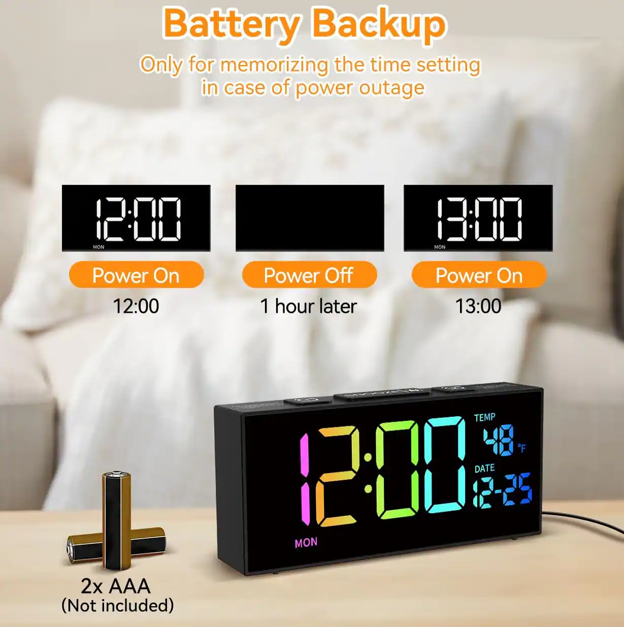 Battery Backup  
Only for memorizing the time setting in case of power outage  

12:00 MON  
Power On  
12:00  

Power Off  
1 hour later  

13:00 MON  
Power On  
13:00  

2x AAA (Not included)  

TEMP 48°F  
DATE 12-25 MON