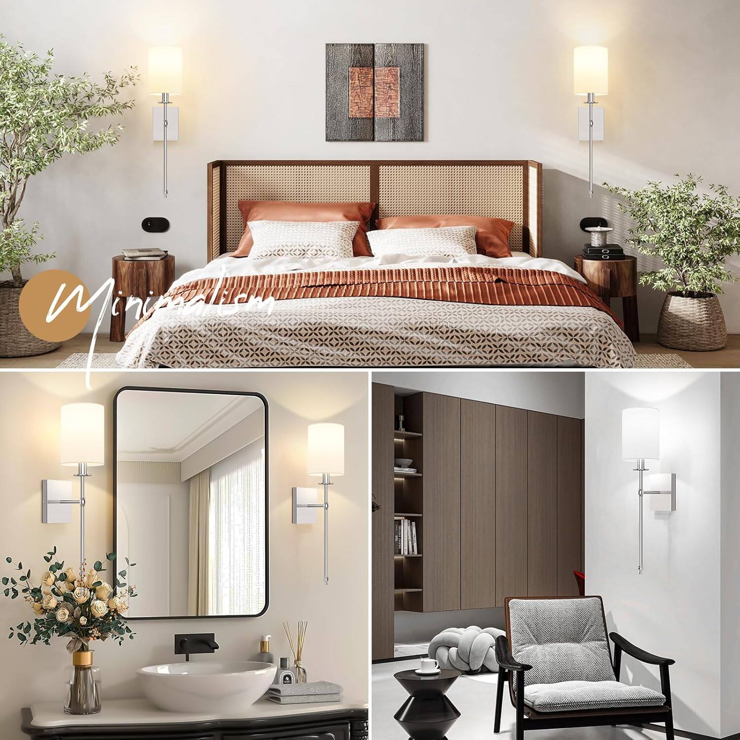 Angle. Nordic Hygge - 24.8 Inch Wall Sconces Battery Operated Set of 2, Rechargeable Wireless Wall Sconces Lights with Remote, Not Hardwired - Brushed Nickel and White.