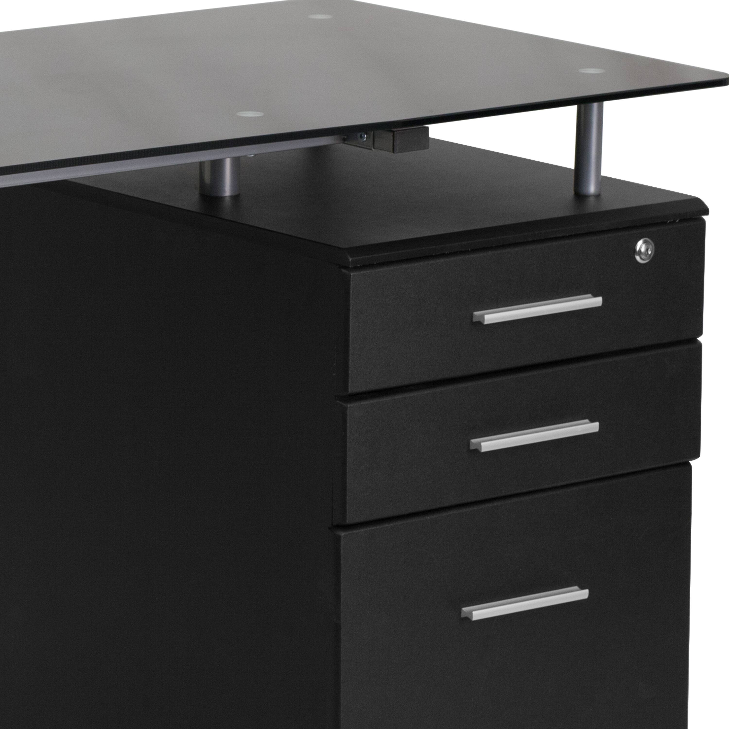 Alt View 5. Emma + Oliver - Computer Desk with Tempered Glass Top and Three Drawer Pedestal - Black.