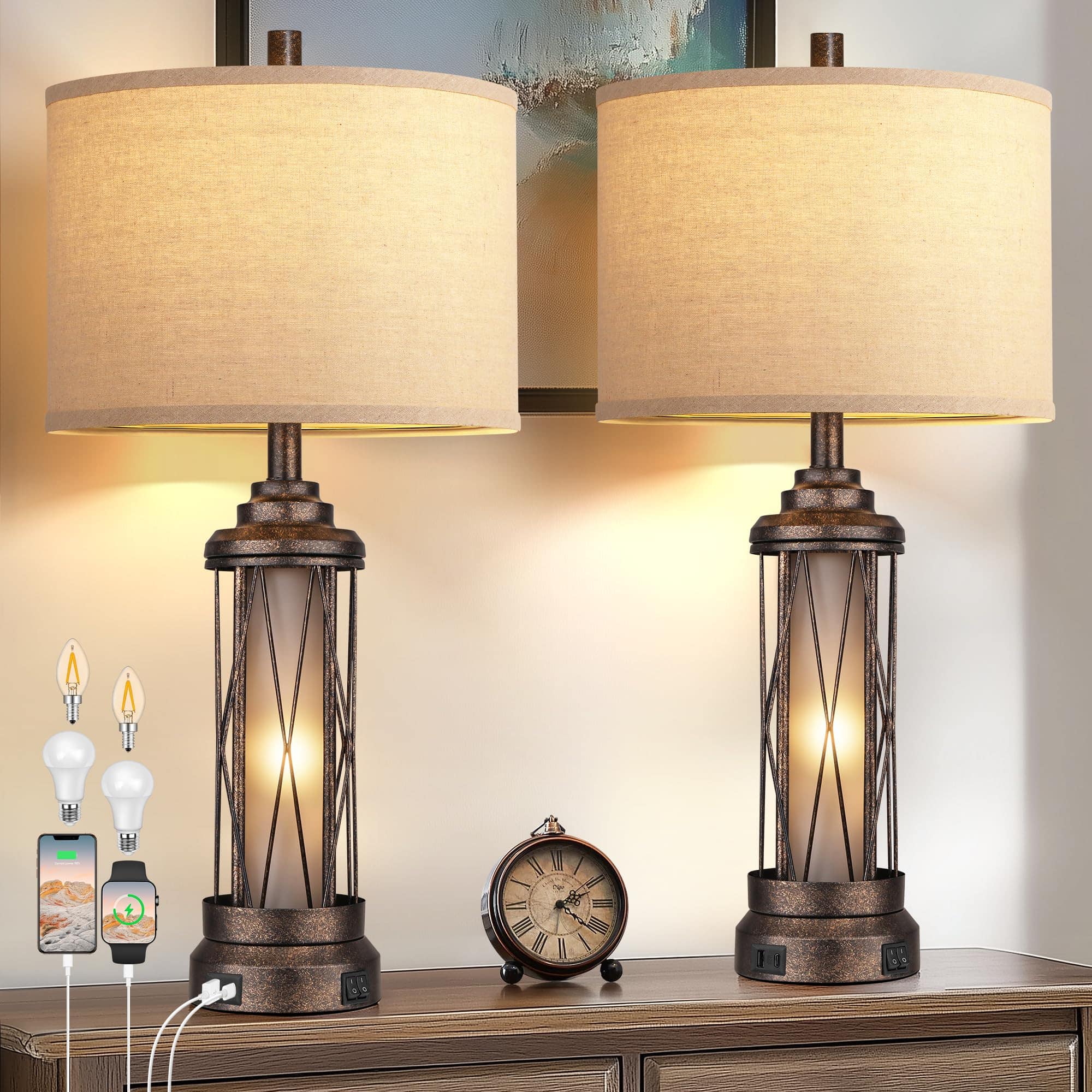 Pawtners - Farmhouse Rustic Table Lamp, Frosted Glass with USB A+C Charging Ports & Night Light, 4 Bulbs Included