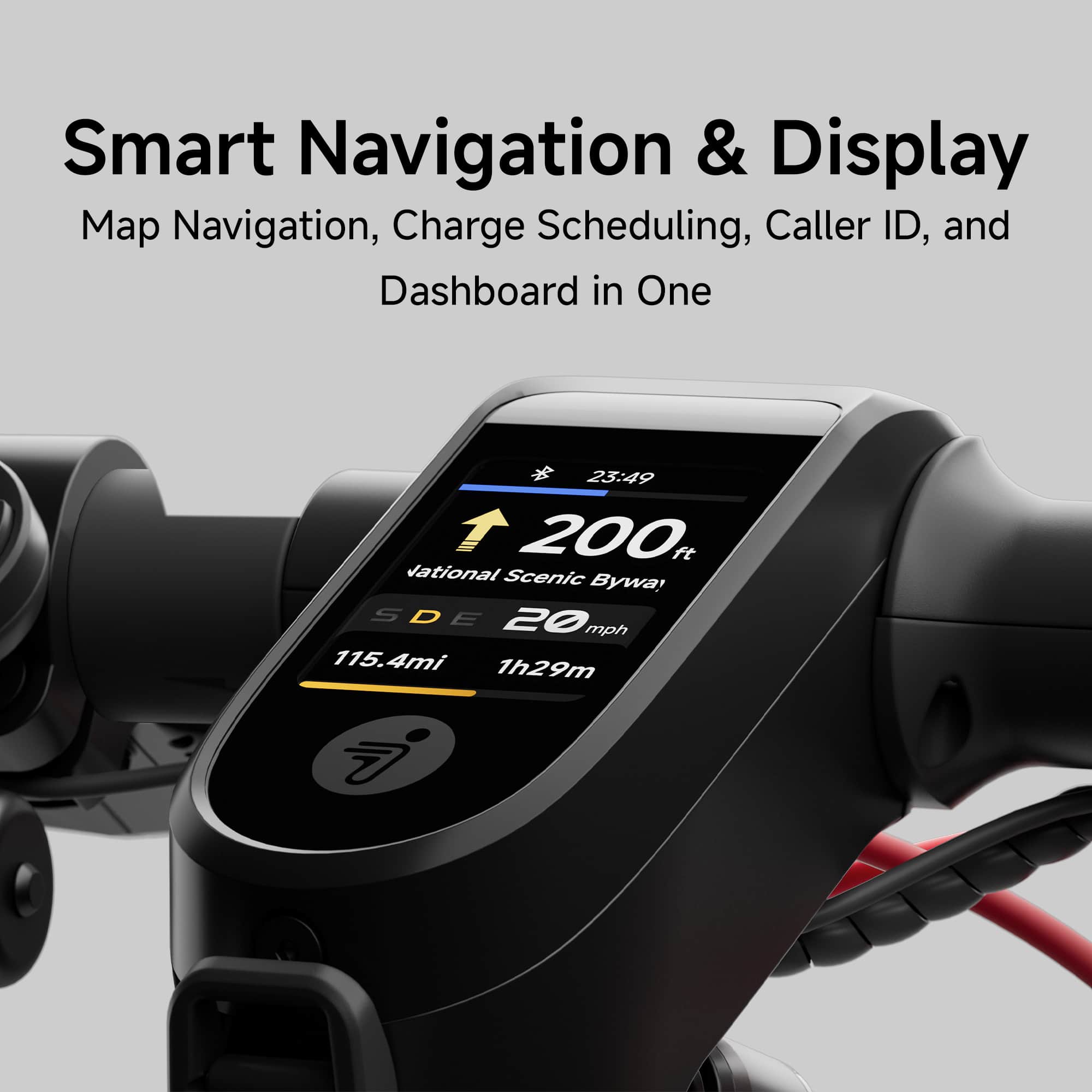 Smart Navigation & Display: Map Navigation, Charge Scheduling, Caller ID, and Dashboard in One. * 23:49 1 200k ft National Scenic Byway. S SDE D E 20 mph 115.4 mi 1h 29m.