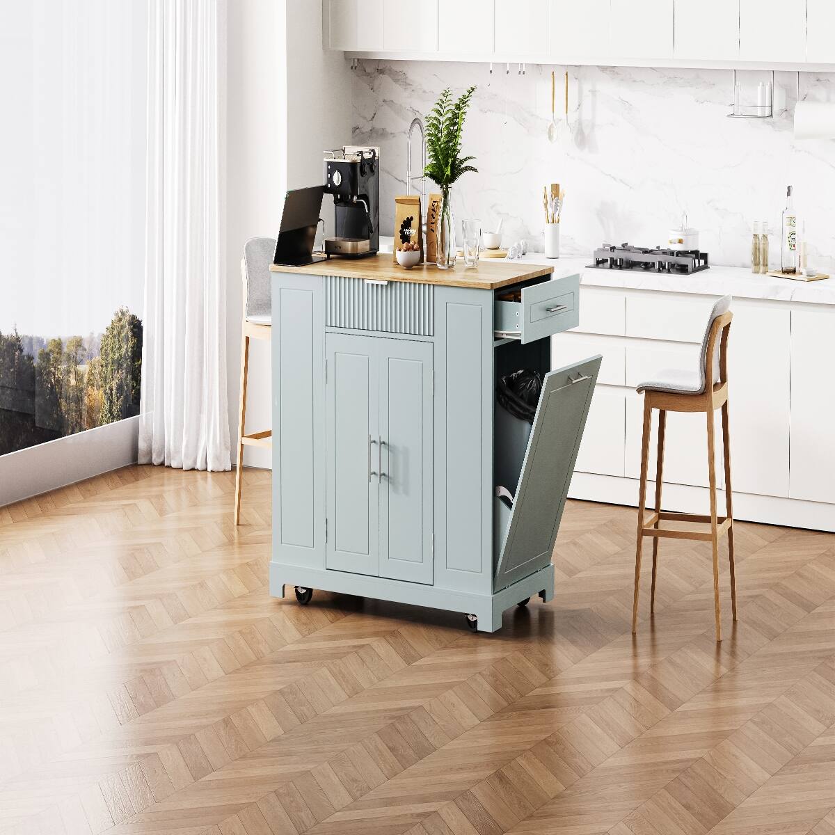 Left. Loheer - Loheer Kitchen Island with Trash Can Storage, Rubber Wood Top, Grey Blue - Grey Blue.