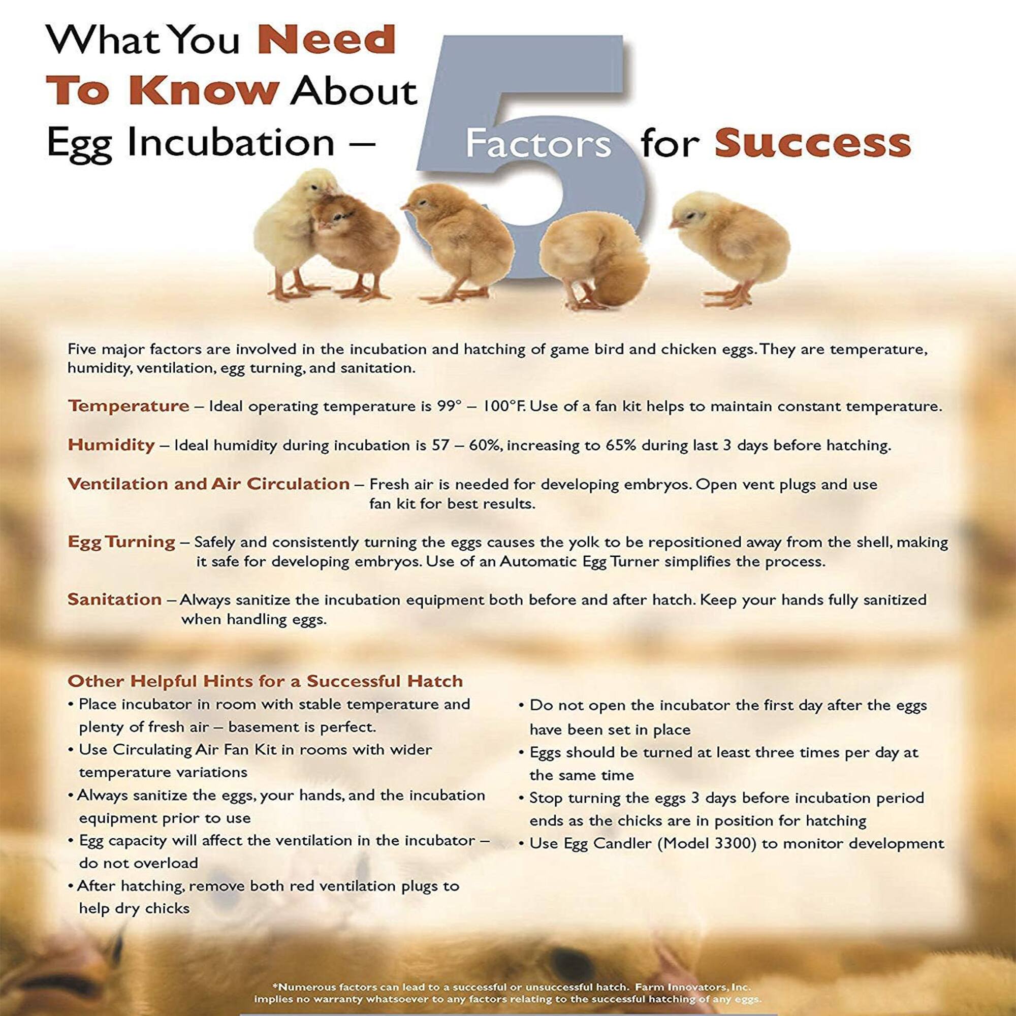 What You Need To Know About Egg Incubation – Factors for Success

Five major factors are involved in the incubation and hatching of game bird and chicken eggs. They are temperature, humidity, ventilation, egg turning, and sanitation.

Temperature – Ideal operating temperature is 99° – 100°F. Use of a fan kit helps to maintain constant temperature.

Humidity – Ideal humidity during incubation is 57 – 60%, increasing to 65% during last 3 days before hatching.

Ventilation and Air Circulation – Fresh air is needed for developing embryos. Open vent plugs and use Egg Turning – Safely and consistently turning the eggs causes the yolk to be repositioned away from the shell, making it safe for developing embryos. Use of an Automatic Egg Turner simplifies the process.

Sanitation – Always sanitize the incubation equipment both before and after hatch. Keep your hands fully sanitized when handling eggs.

Other Helpful Hints for a Successful Hatch
- Place incubator in a room with stable temperature and plenty of fresh air – basement is perfect.
- Use Circulating Air Fan Kit in rooms with wider temperature variations
- Always sanitize the eggs, your hands, and the incubation equipment prior to use
-