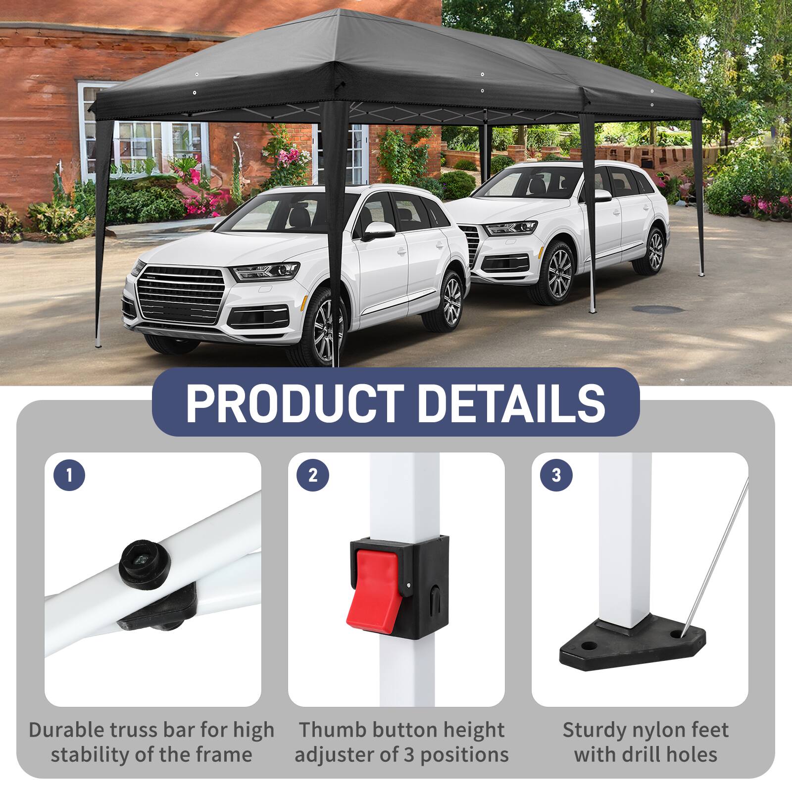 PRODUCT DETAILS

1. Durable truss bar for high stability of the frame
2. Thumb button height adjuster of 3 positions
3. Sturdy nylon feet with drill holes