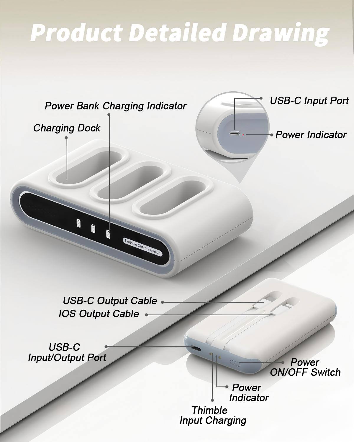 Product Detailed Drawing

- Power Bank Charging Indicator
- Charging Dock
- USB-C Input Port
- Power Indicator
- USB-C Output Cable
- IOS Output Cable
- USB-C Input/Output Port
- Power ON/OFF Switch
- Power Indicator
- Thimble Input Charging