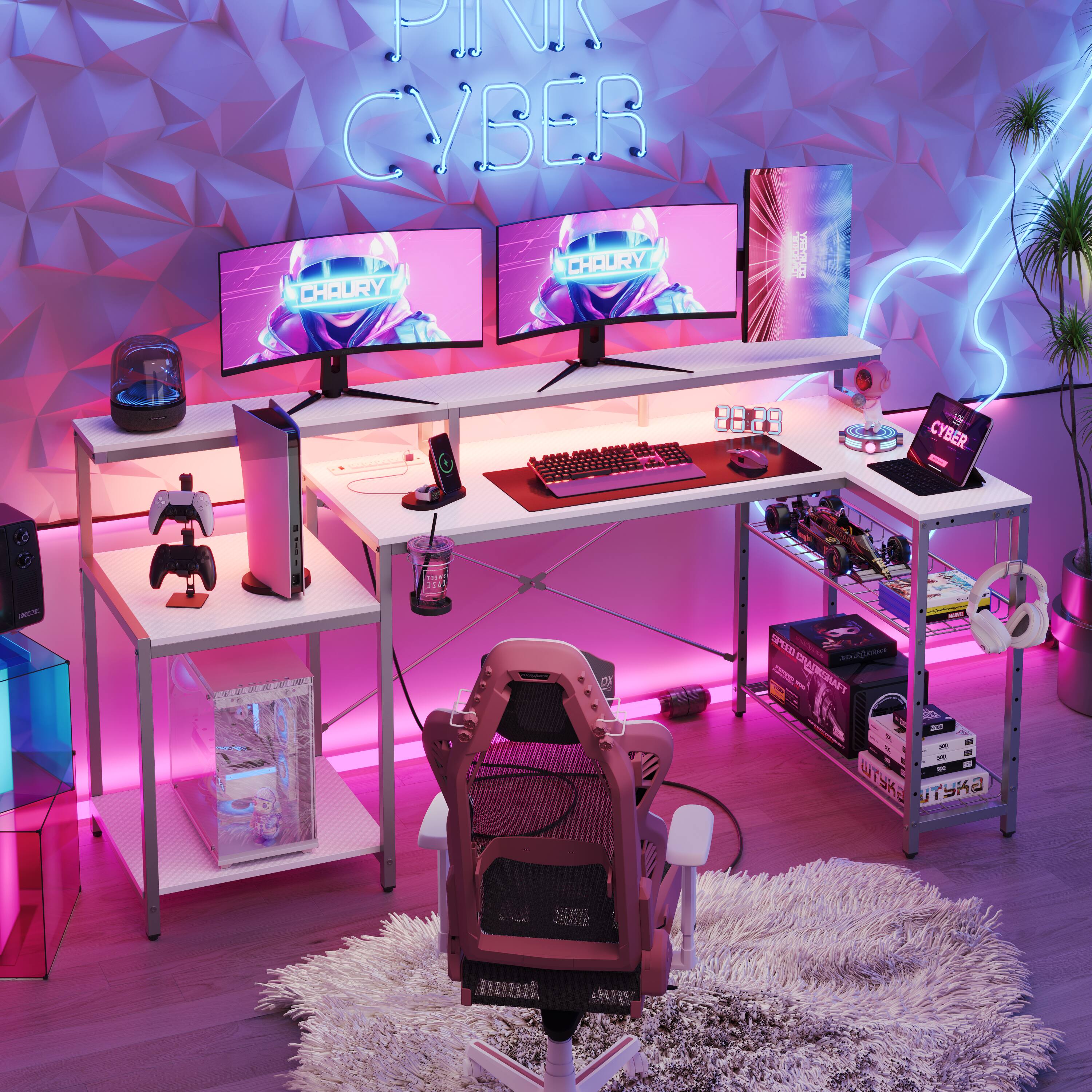 Bestier 71in L shaped Computer desk with power outlet LED Gaming Desk