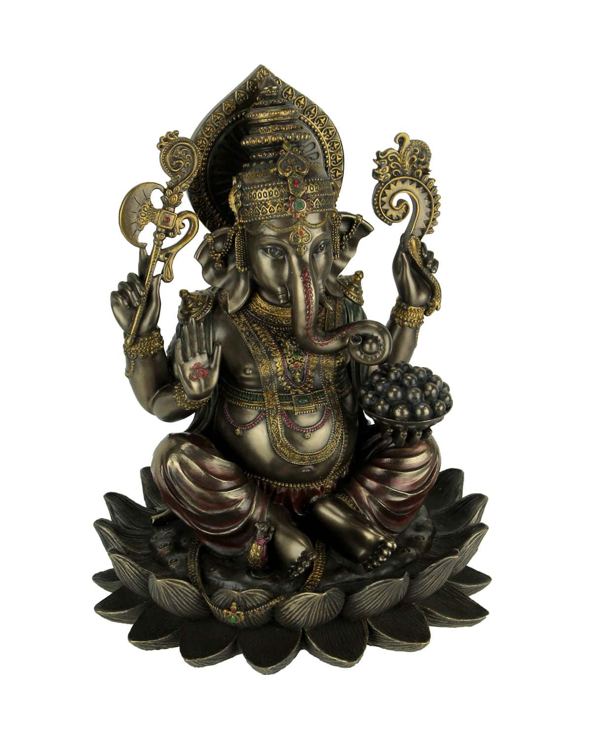 Veronese Design - Finish Ganesha Seated On Lotus Holding Sacred Objects Statue - Bronze