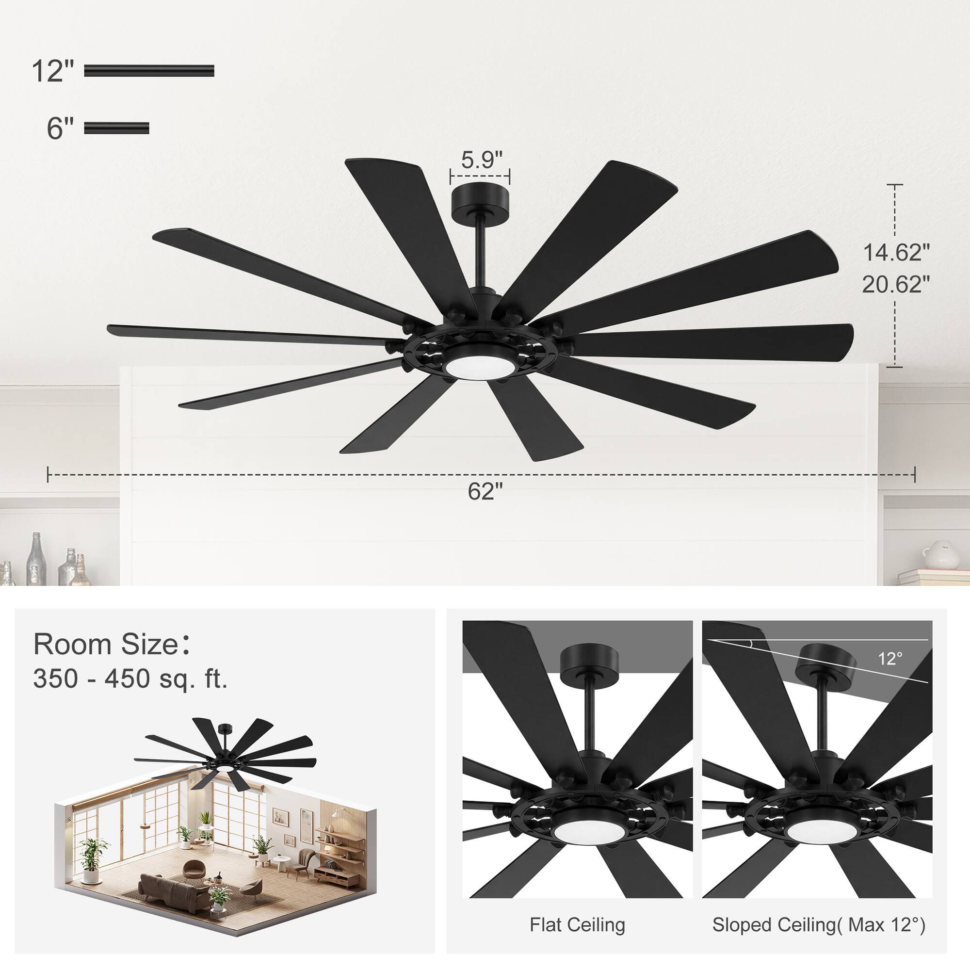 12"  
6"  
5.9"  
14.62"  
20.62"  
62"  

Room Size: 350 - 450 sq. ft.  

Flat Ceiling  
Sloped Ceiling (Max 12°)