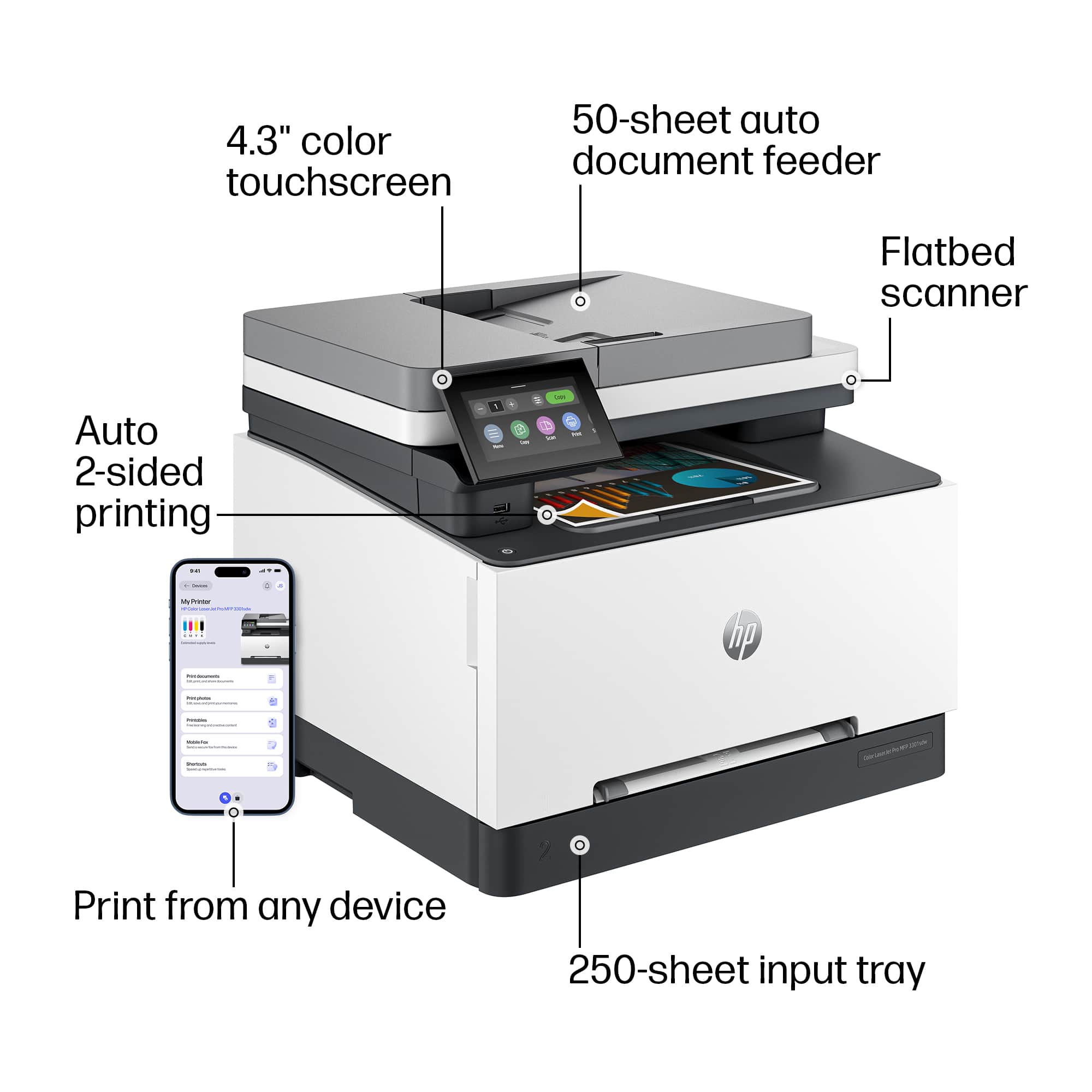 - 4.3" color touchscreen
- Auto 2-sided printing
- 50-sheet auto document feeder
- Flatbed scanner
- Print from any device
- 250-sheet input tray