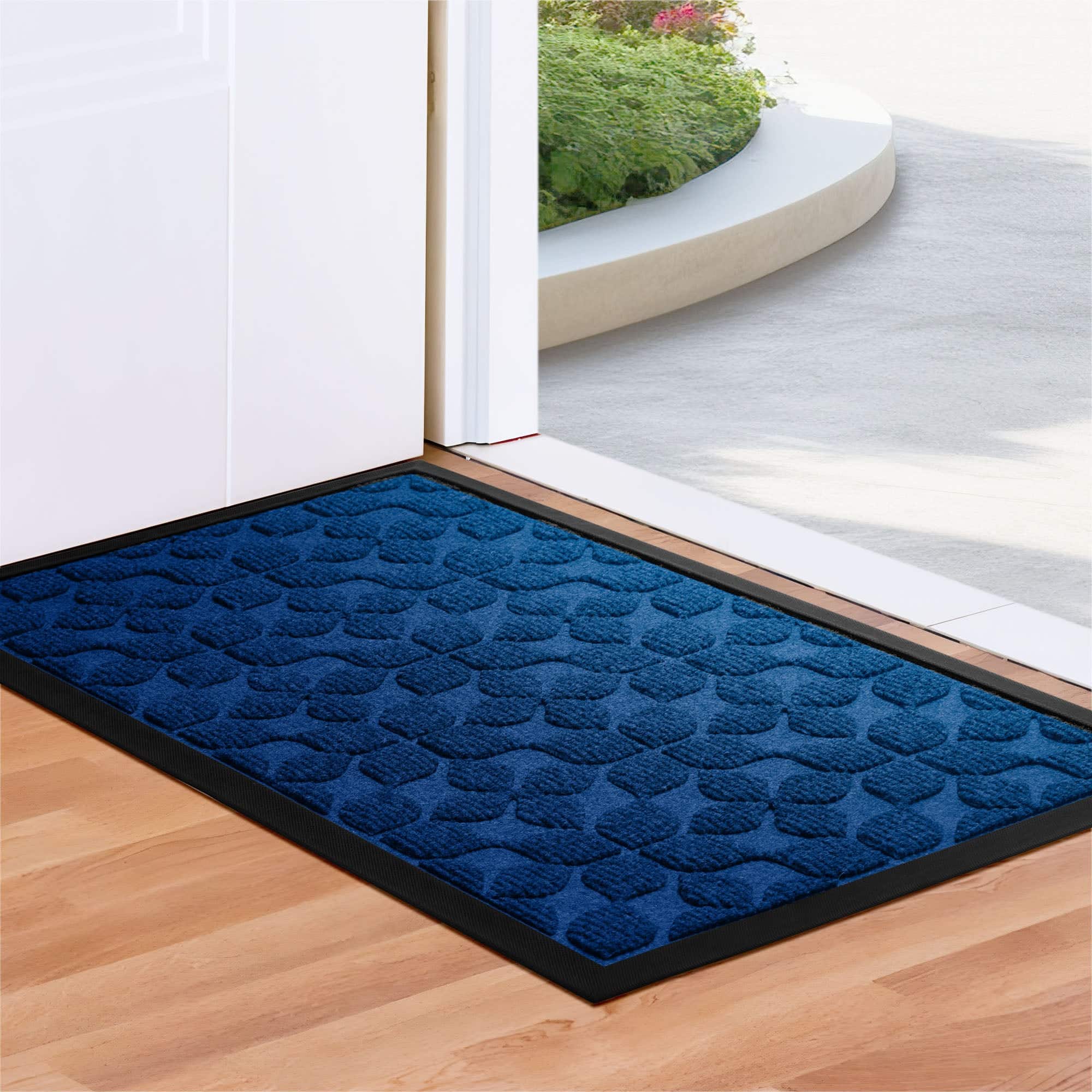 Front. G128 - Geometric Floral Door Mat, 23 x 35 In, Thick Polypropylene with Natural Rubber Non-Slip Backing, Indoor/Outdoor. - Blue.