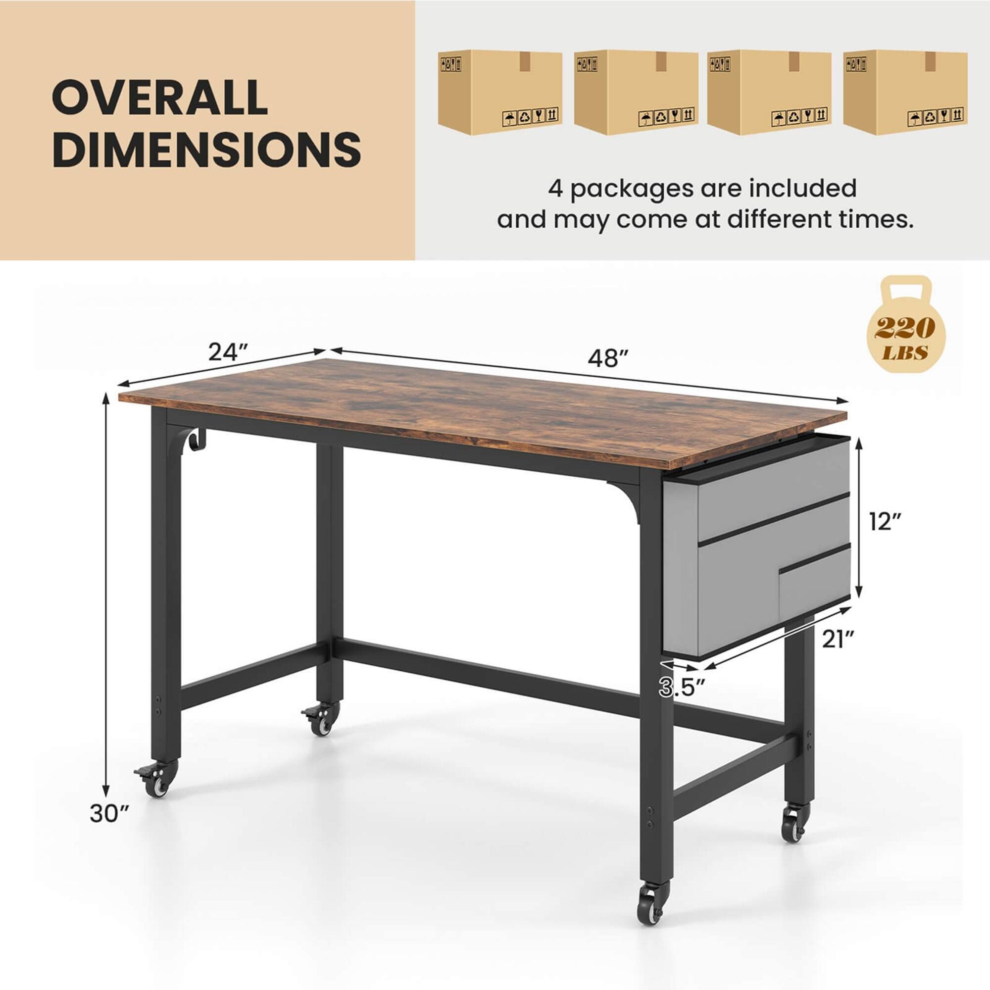 OVERALL DIMENSIONS

4 packages are included and may come at different times.

24" x 48" x 30"

12" x 21" x 3.5"

220 LBS