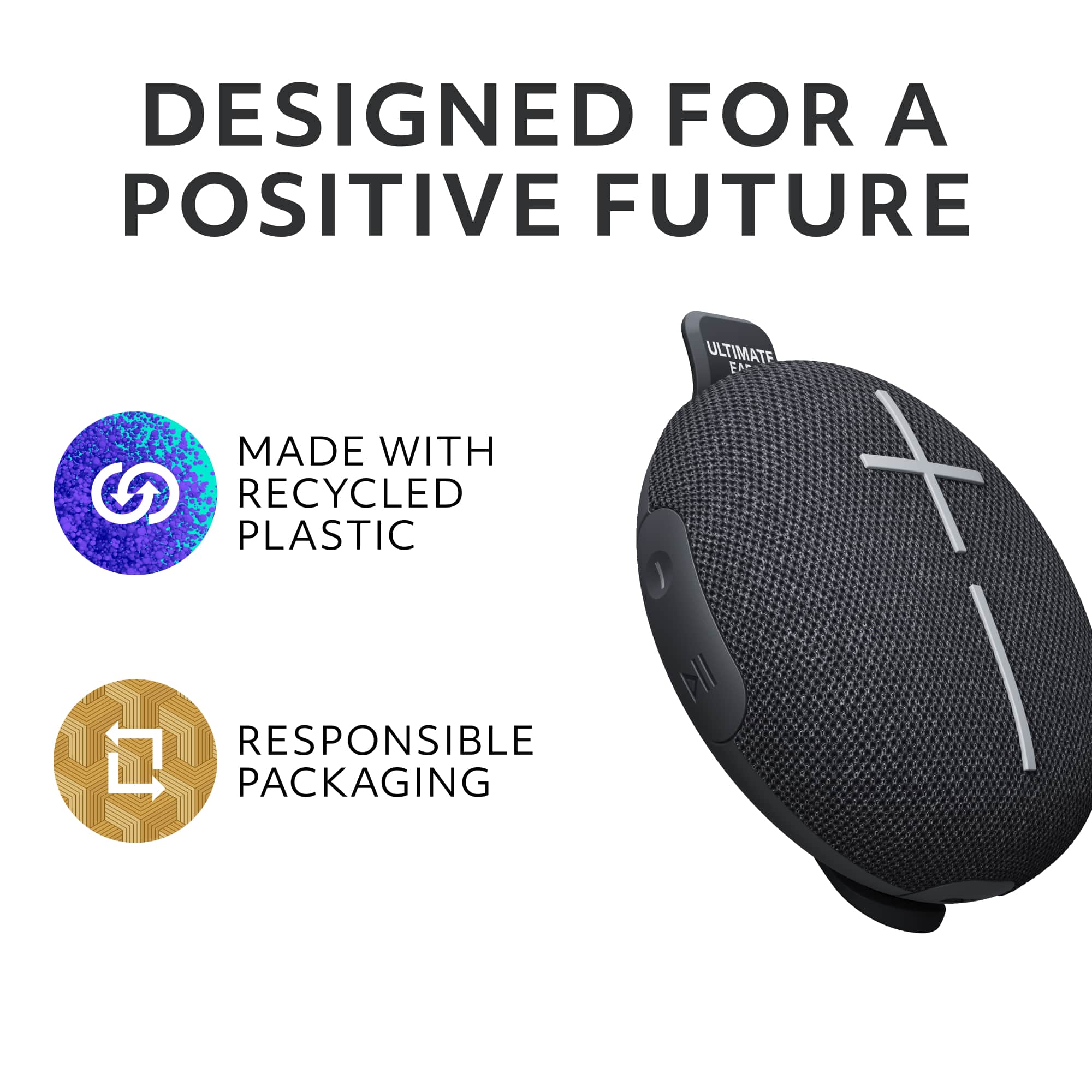 Designed for a Positive Future: Ultimate Ears Made with Recycled Plastic Responsible Packaging.