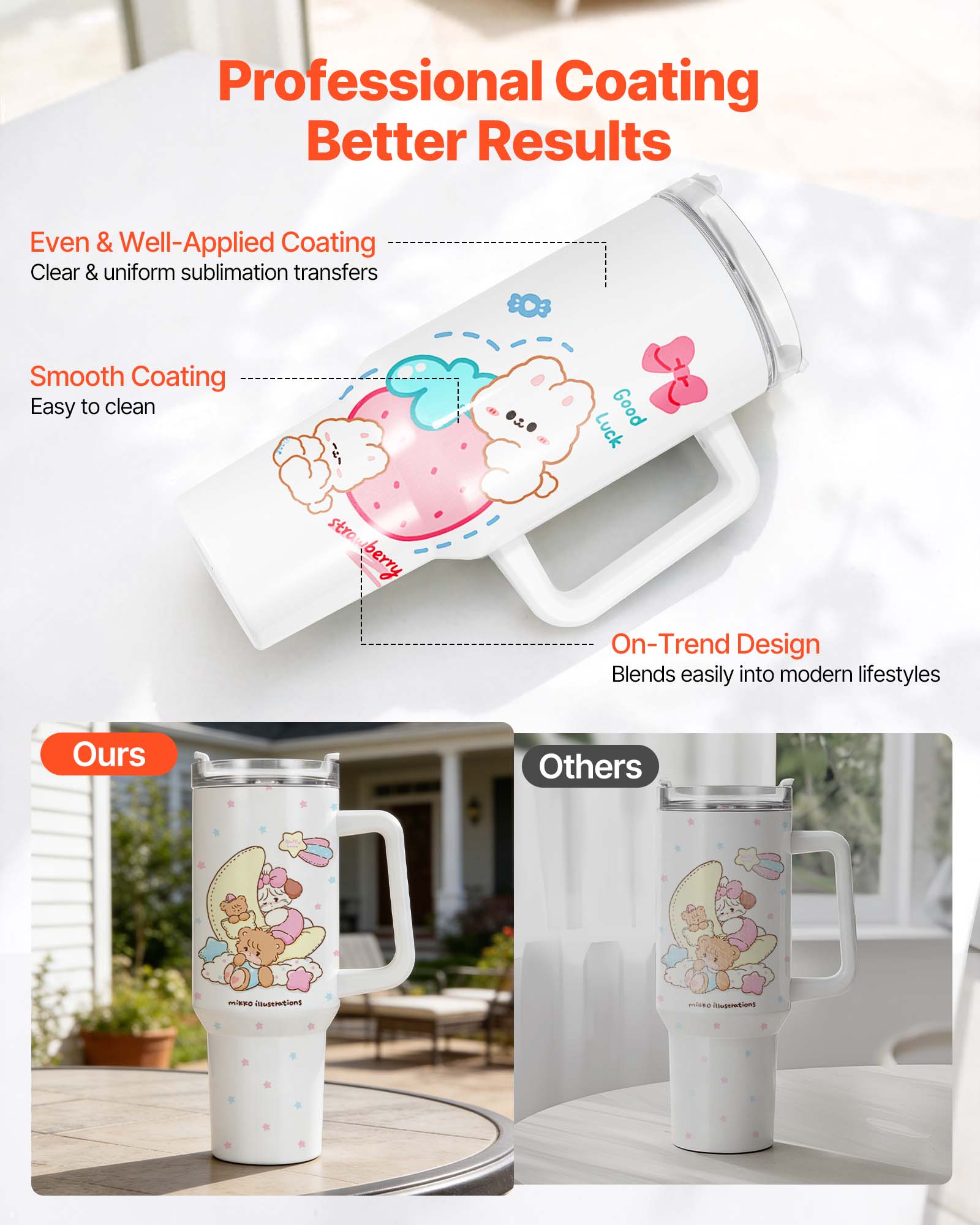 Professional Coating  
Better Results

Even & Well-Applied Coating  
Clear & uniform sublimation transfers

Smooth Coating  
Easy to clean

On-Trend Design  
Blends easily into modern lifestyles

Ours  
Others
