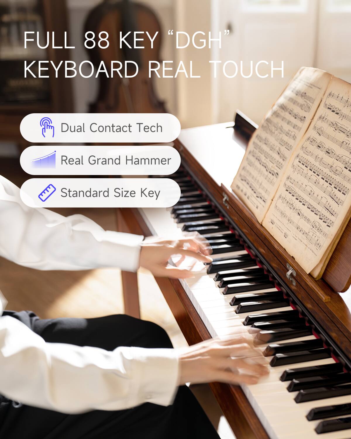 FULL 88 KEY "DGH" KEYBOARD REAL TOUCH  
Dual Contact Tech  
Real Grand Hammer  
Standard Size Key