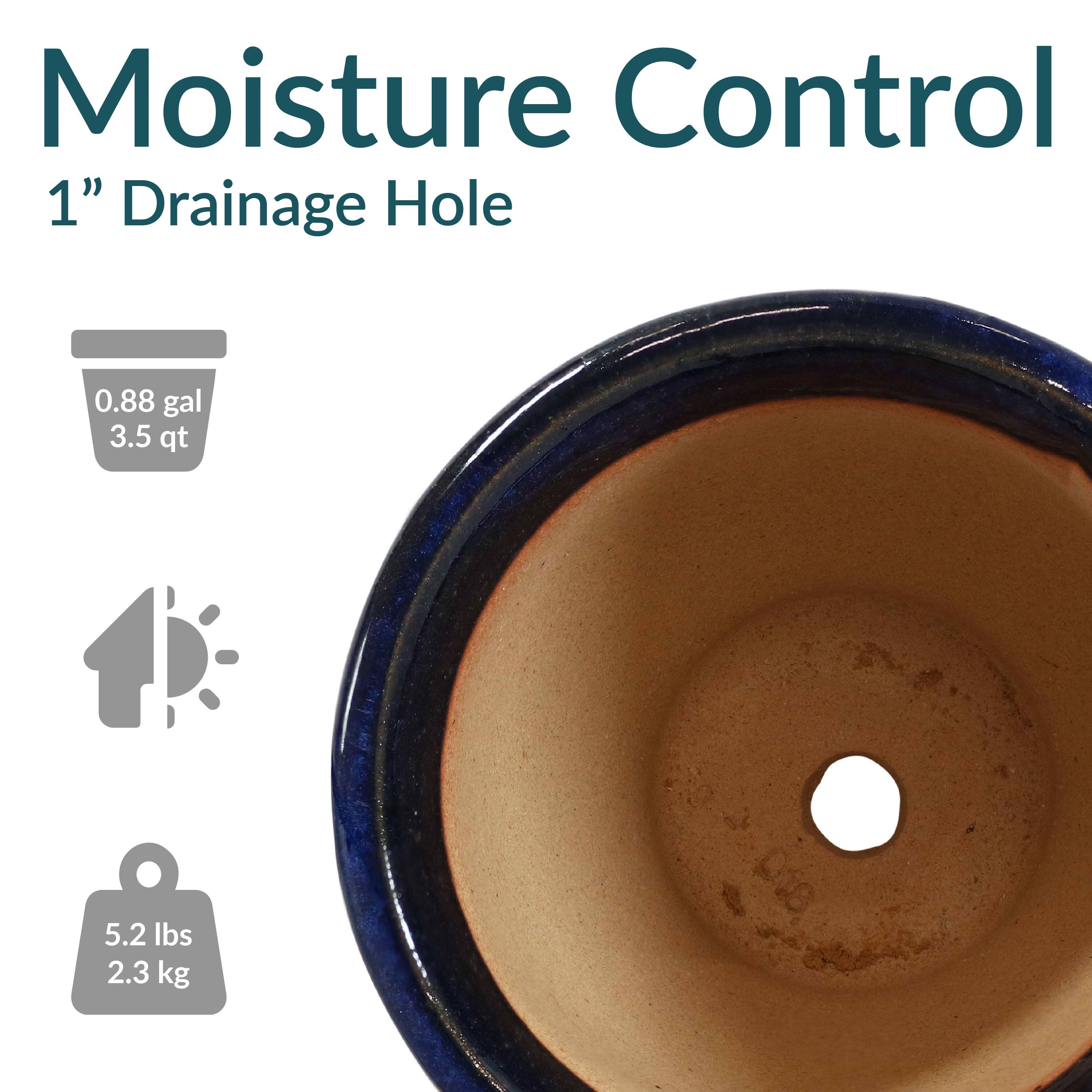 Moisture Control  
1" Drainage Hole  

0.88 gal  
3.5 qt  

5.2 lbs  
2.3 kg
