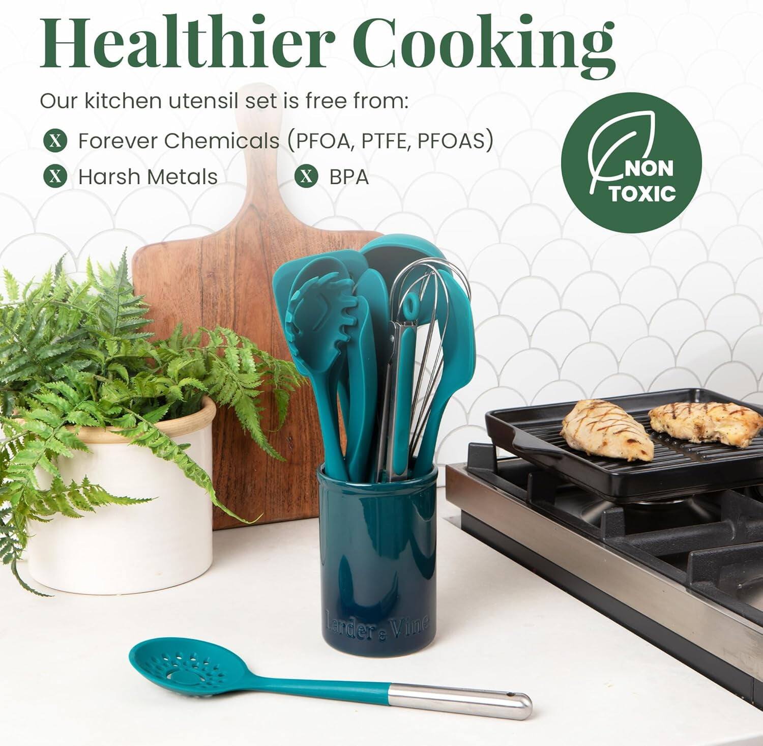 Healthier Cooking

Our kitchen utensil set is free from:
- Forever Chemicals (PFOA, PTFE, PFOAS)
- Harsh Metals
- BPA

NON TOXIC