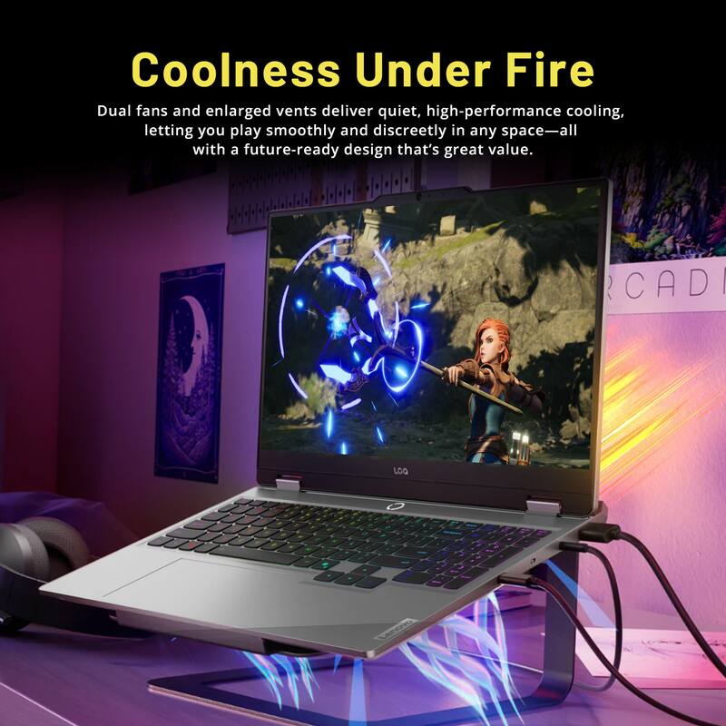 Coolness Under Fire  
Dual fans and enlarged vents deliver quiet, high-performance cooling, letting you play smoothly and discreetly in any space—all with a future-ready design that's great value.