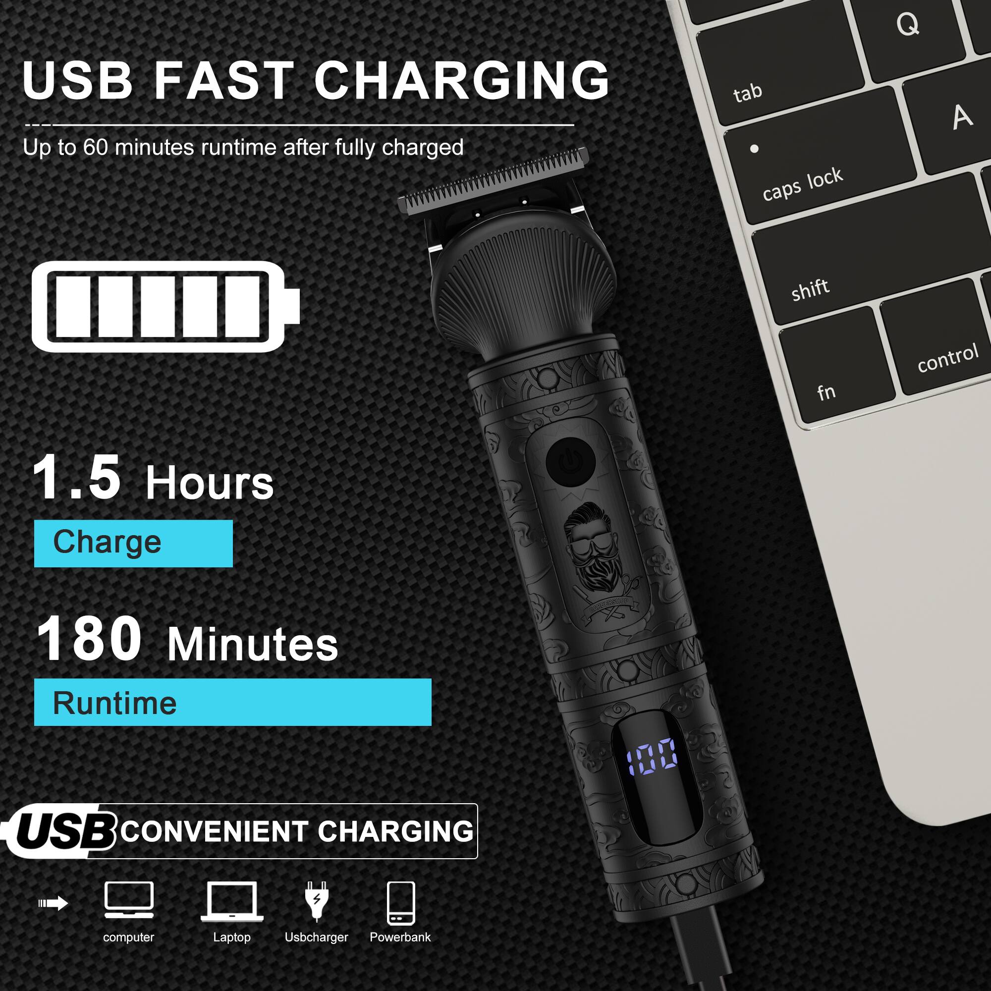 USB FAST CHARGING  
Up to 60 minutes runtime after fully charged  

1.5 Hours Charge  
180 Minutes Runtime  

USB CONVENIENT CHARGING  
computer  
Laptop  
Usbcharger  
Powerbank