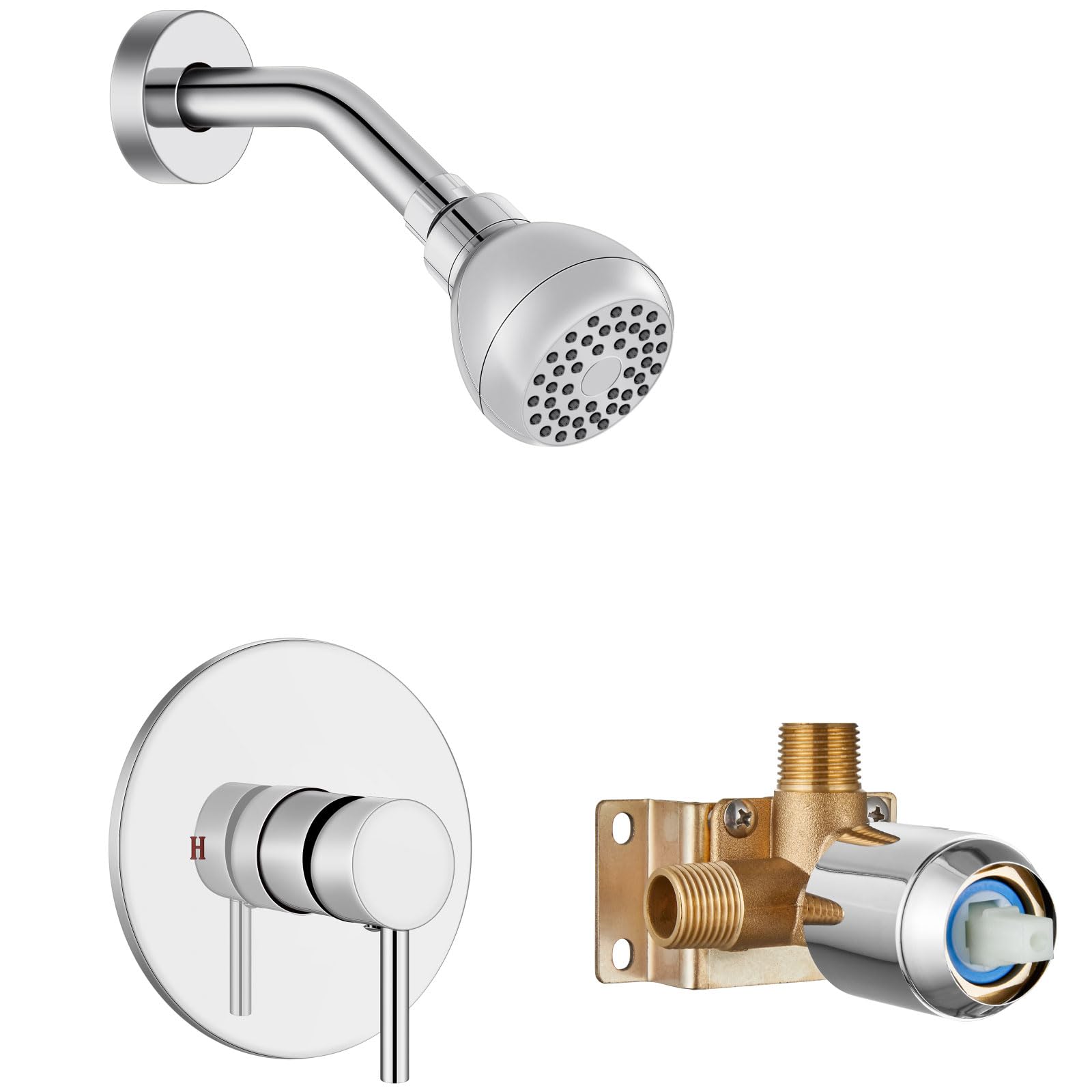 Front. Paradigms Interiors - Shower Faucet And Head Set With Rough in Valve Trim Kit System Fixtures Complete Single handle - Polish Chrome.