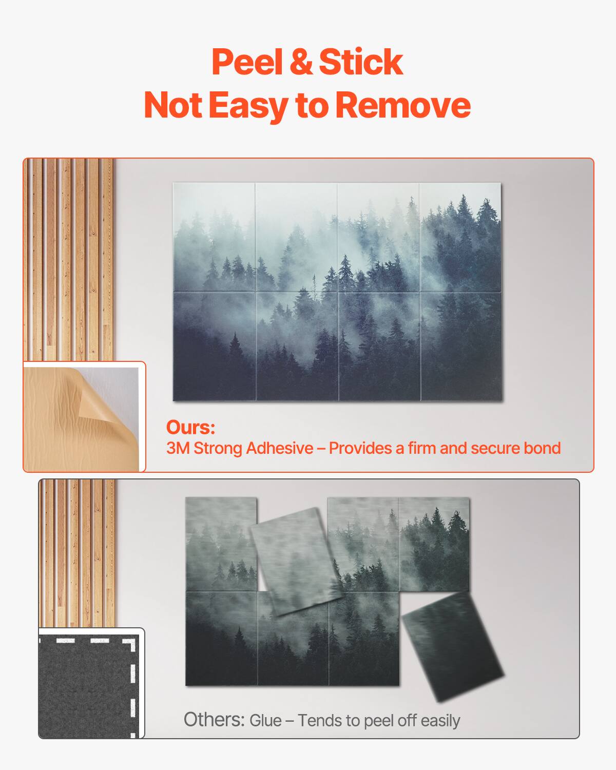 Peel & Stick  
Not Easy to Remove

Ours:  
3M Strong Adhesive – Provides a firm and secure bond

Others:  
Glue – Tends to peel off easily
