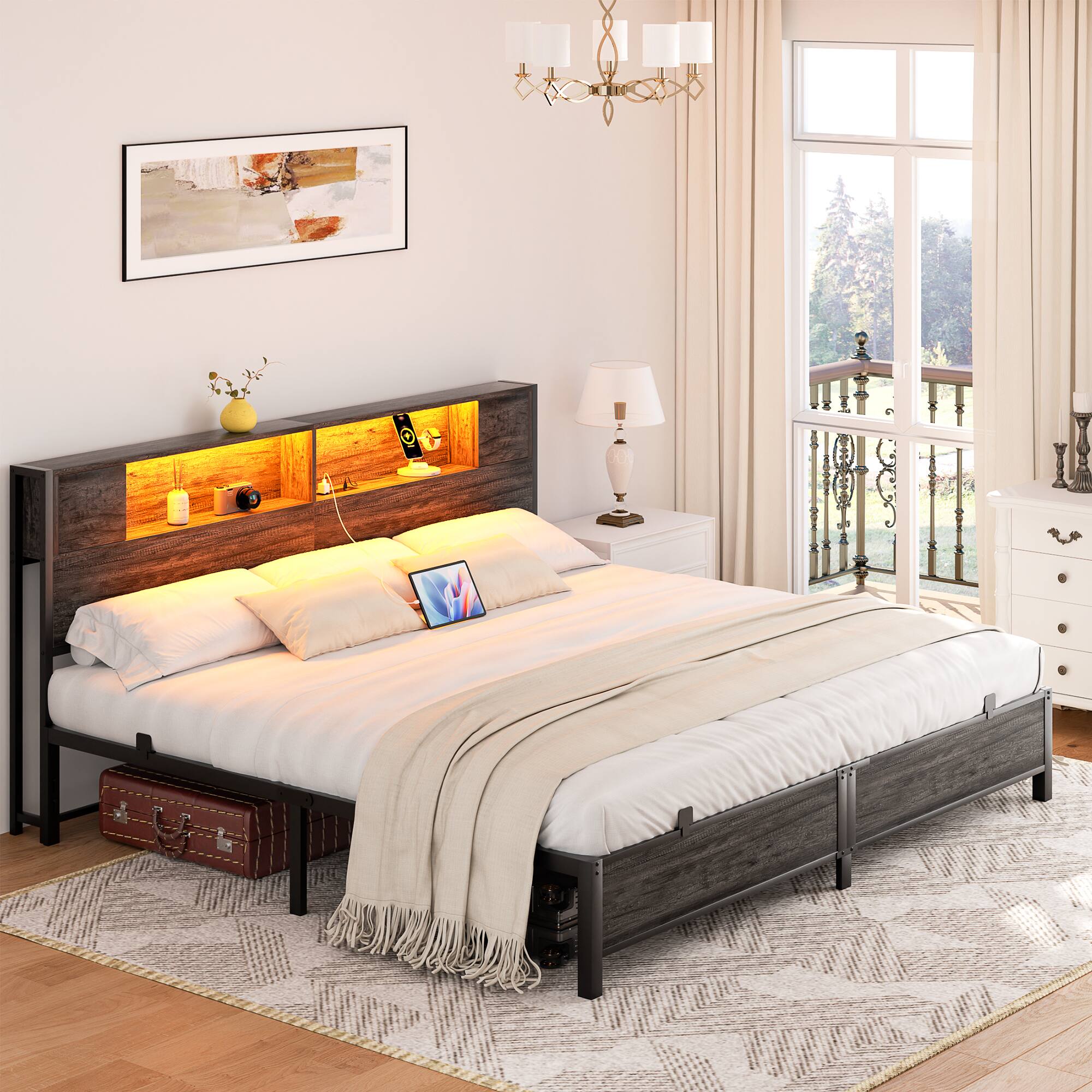 Alt View 2. Aheaplus - Industrial Metal Bed Frame: Storage Headboard / Charging, LED Lights, Steel Slats, No Box Spring, Easy Assembly - Black Oak.