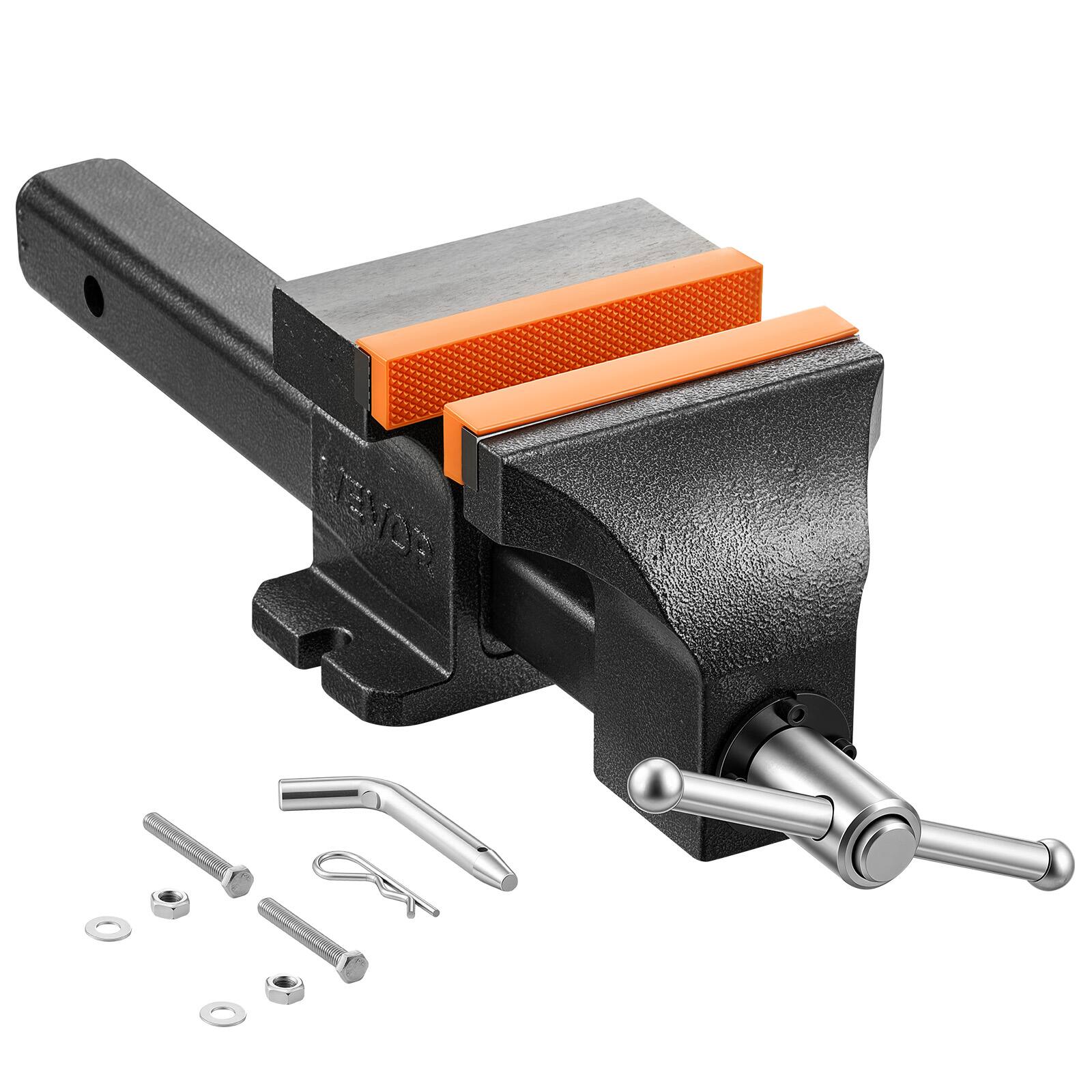 Front. VEVOR - Truck Hitch Vise, 6" Jaw Width, Heavy Duty Ductile Iron Bench Vise with Anvil, 1 Pair Magnetic Jaw Pads, Pin - Black;Orange.