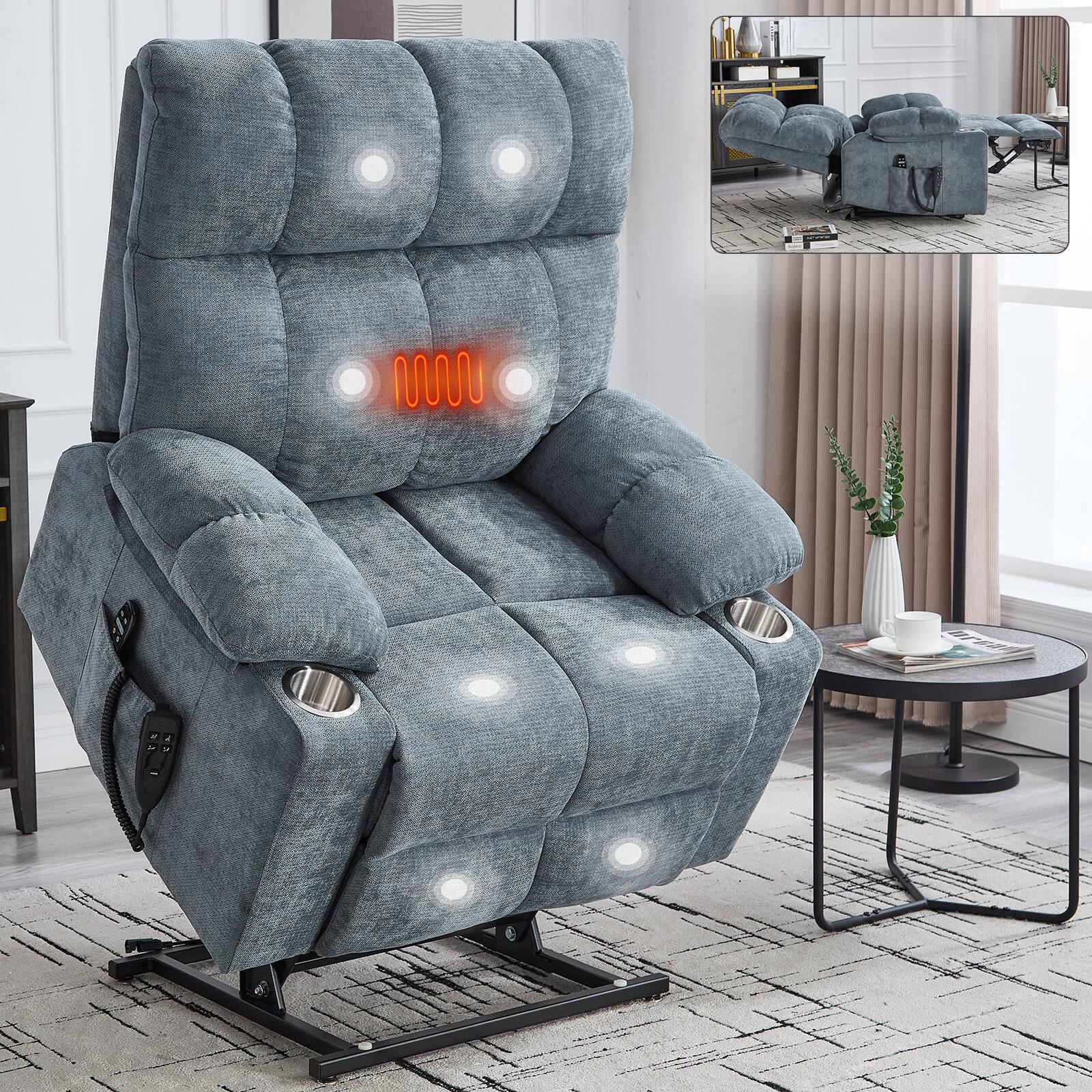 Front. APRILSOUL - Grey Dual Motor Chenille Power Lift Recliner Chair 8 Point Massage Heating Dual Cup Holders - Gray.