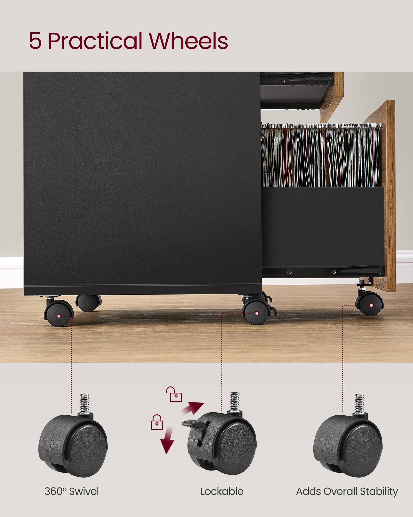 5 Practical Wheels

- 360° Swivel
- Lockable
- Adds Overall Stability