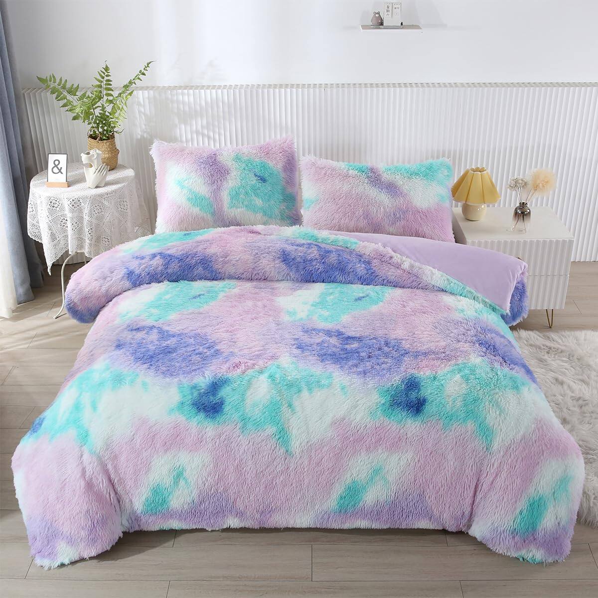 Left. Earthley Blooms - 3 Faux Comforter Set Queen Fluffy Shaggy Tie Dye Bedding For Colorful Ultra Soft Plush Furry Quilt Set Queen - Pink Rainbow-Queen-3Pcs.
