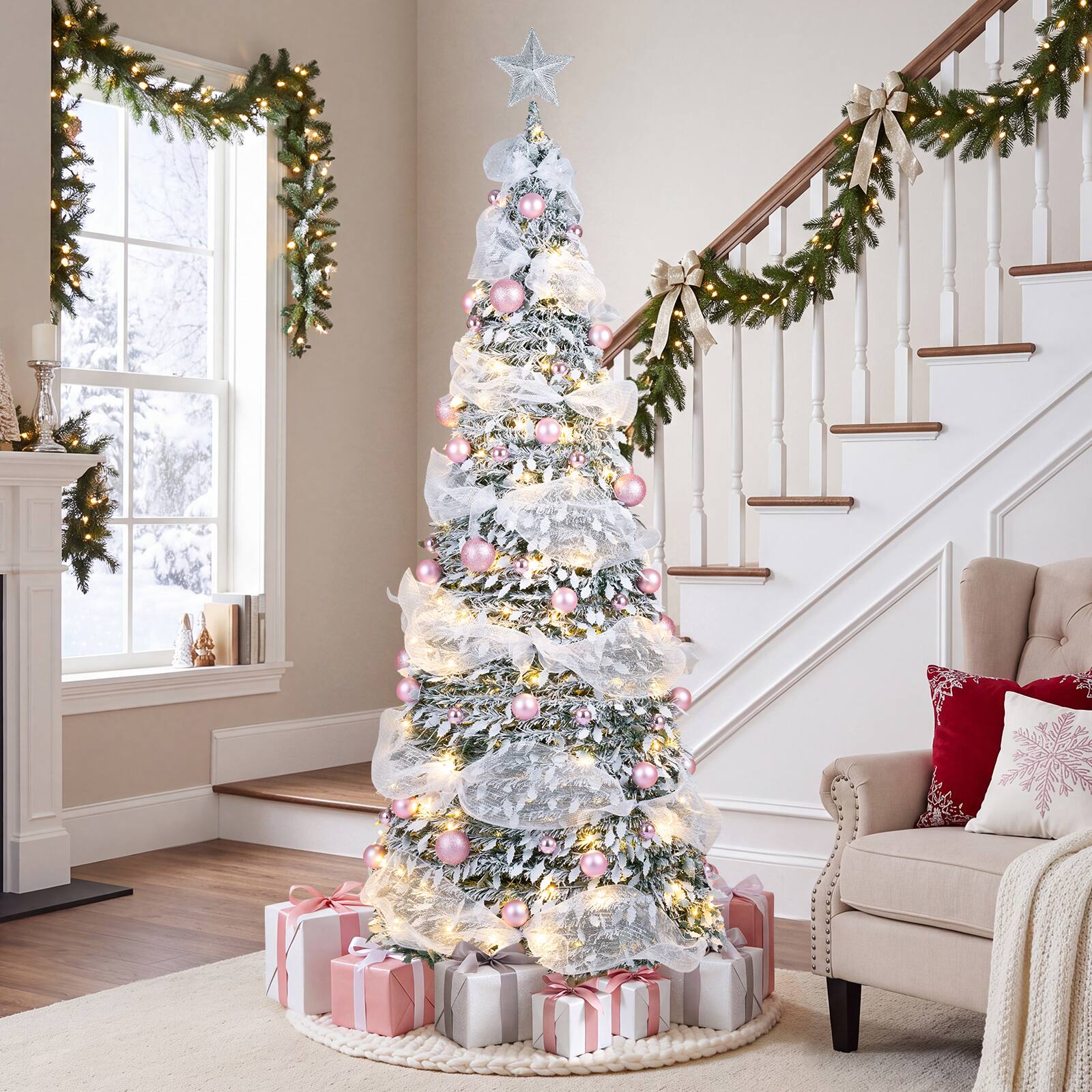 Alt View 3. Costway - Costway 7 ft Pop Up Flocked Christmas Tree with 73 Xmas Balls 180 Pre-Lit LED Lights Ribbon - Green & White.