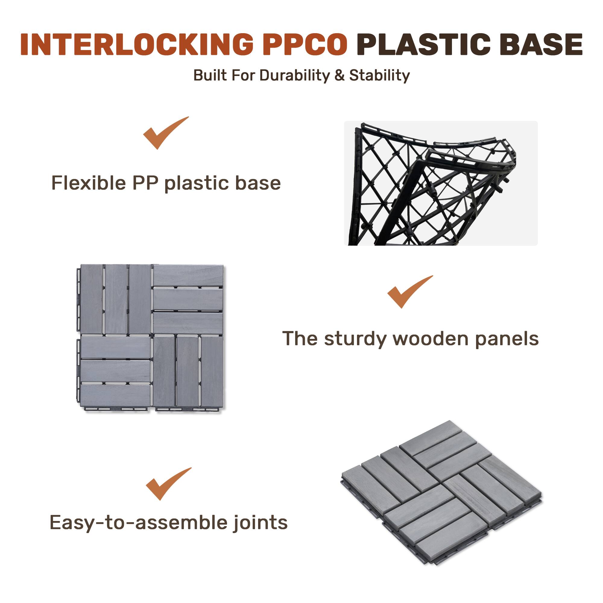 INTERLOCKING PP CO PLASTIC BASE  
Built For Durability & Stability  

- Flexible PP plastic base  
- The sturdy wooden panels  
- Easy-to-assemble joints