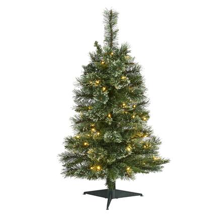 Front. BreeBe - 3’ Wisconsin Slim Snow Tip Pine Christmas Tree w/50 LEDs - White,Green.