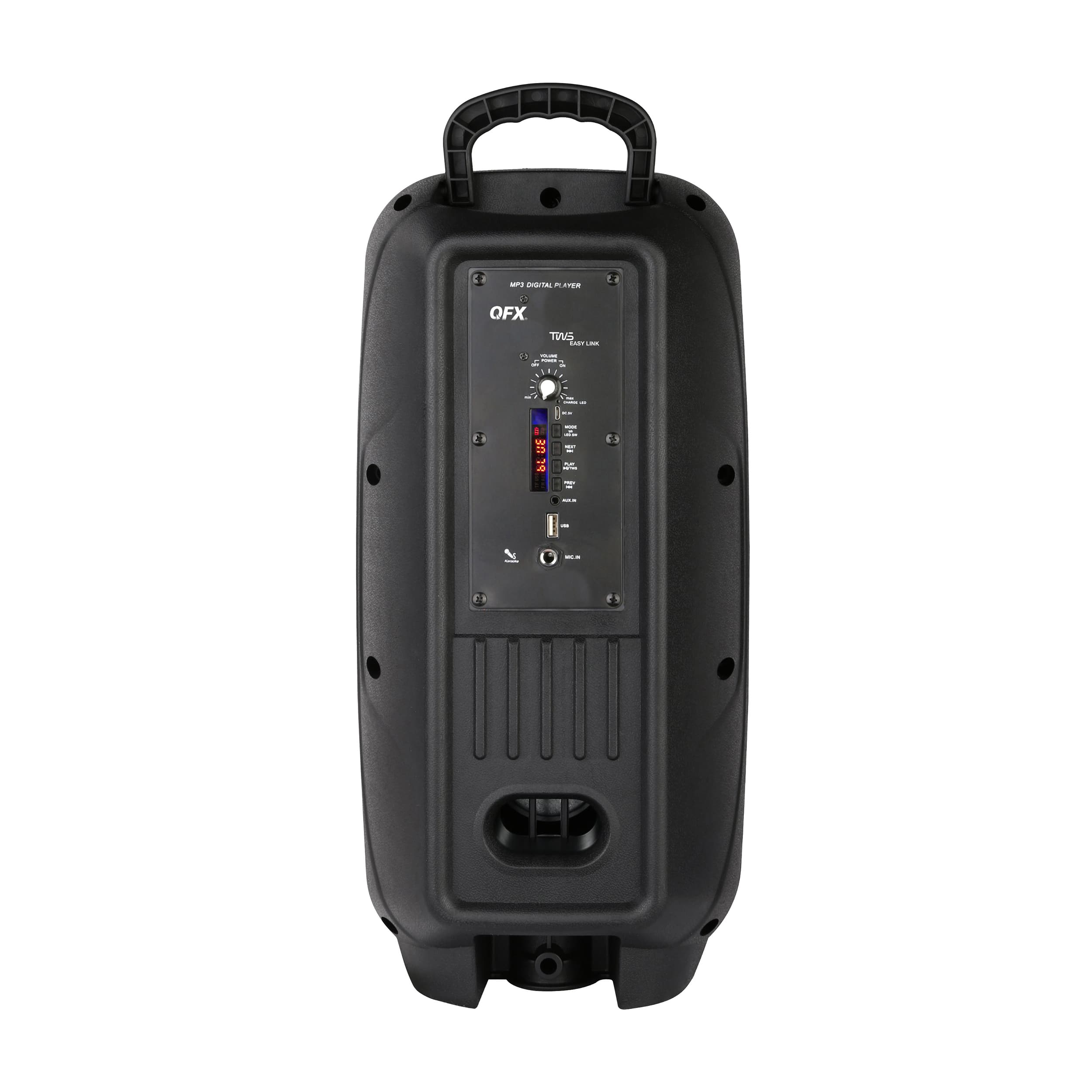 Left. QFX - 2 x 8" BT Recharge Speaker with Microphone & Stand - Black.