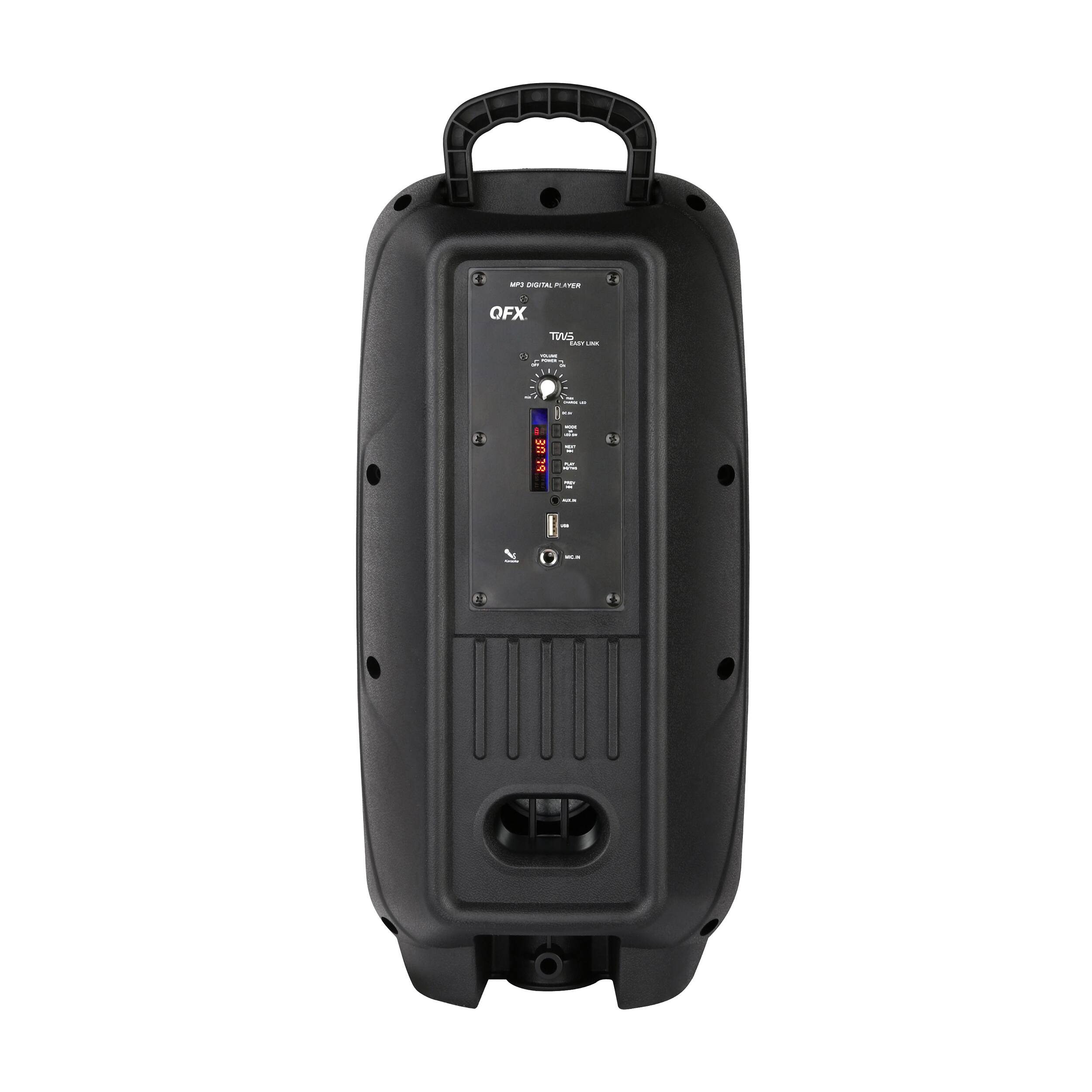 Left. QFX - 2 x 8" BT Recharge Speaker with Microphone & Stand - Black.