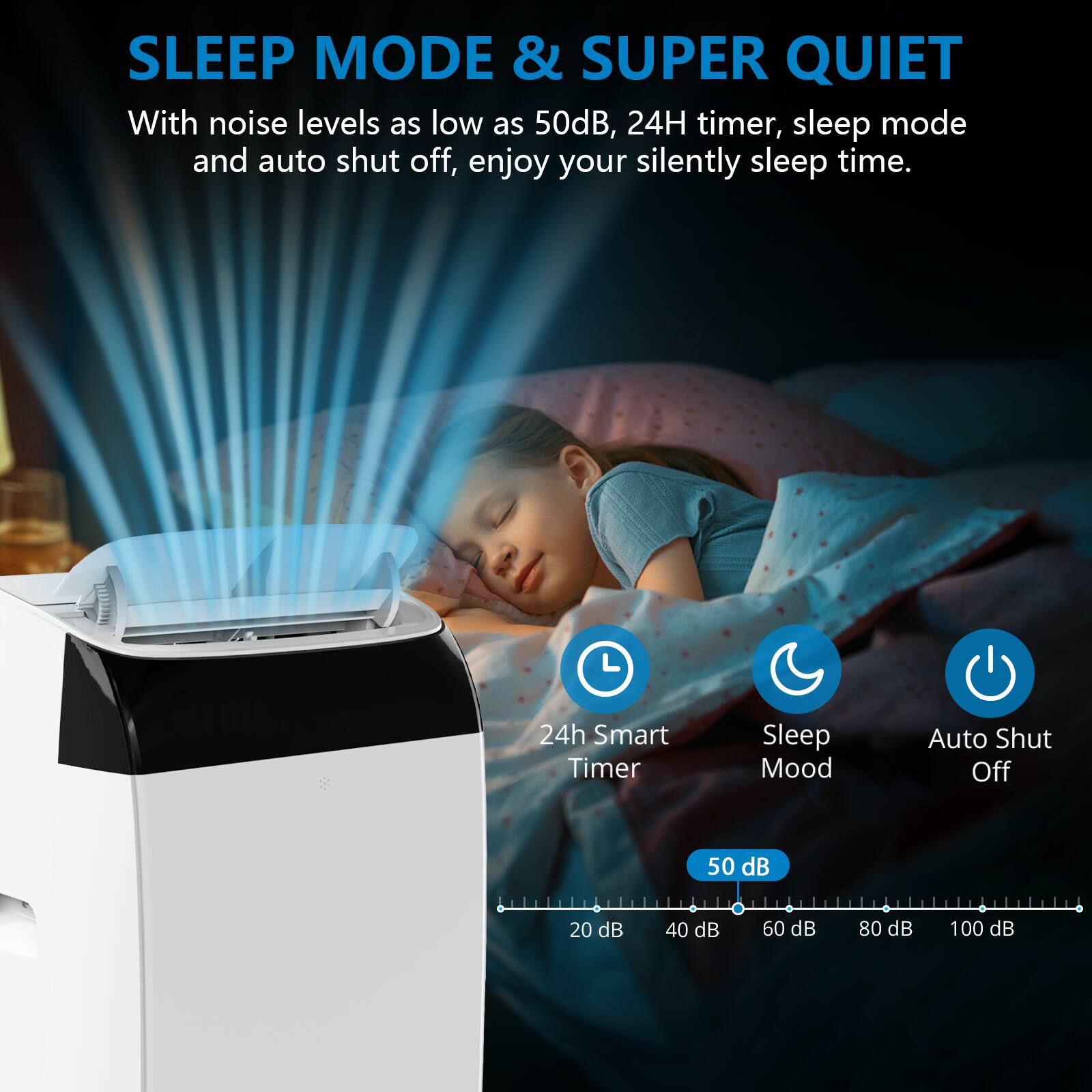 SLEEP MODE & SUPER QUIET

With noise levels as low as 50dB, 24H timer, sleep mode and auto shut off, enjoy your silently sleep time.

24h Smart Timer  
Sleep Mood  
Auto Shut Off  

50 dB  
20 dB  
40 dB  
60 dB  
80 dB  
100 dB
