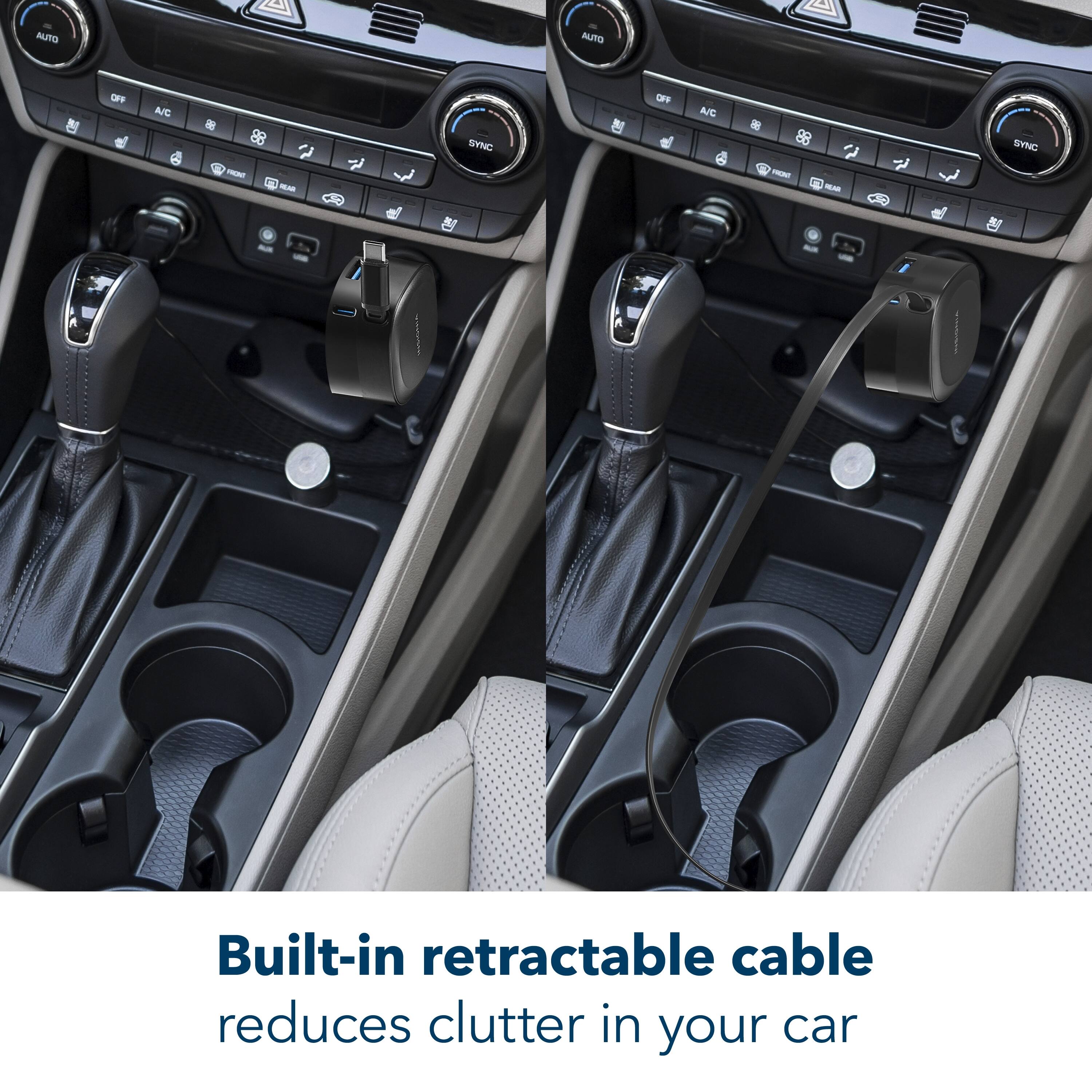Built-in retractable cable reduces clutter in your car
