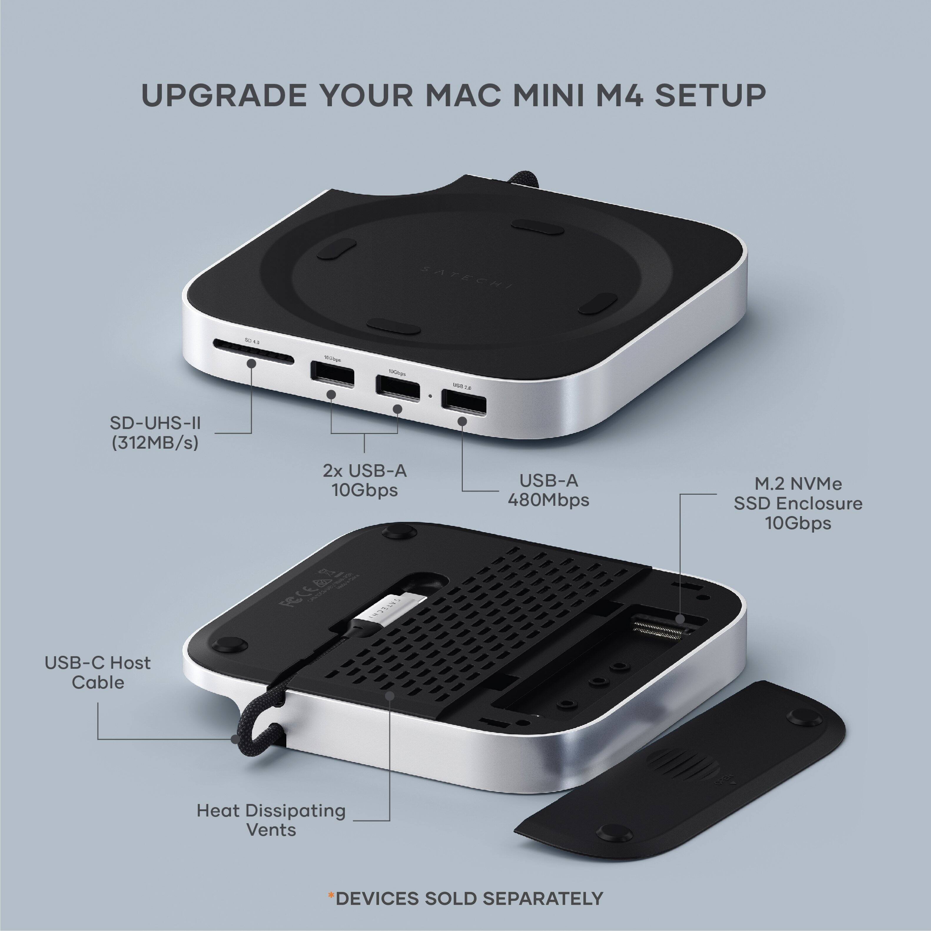 UPGRADE YOUR MAC MINI M4 SETUP - SD-UHS-II (312MB/s) 2x USB-A 10Gbps FECCAL F atAs USB-A 480Mbps M.2 NVMe SSD Enclosure 10Gbps USB-C Host Cable Heat Dissipating Vents *DEVICES SOLD SEPARATELY