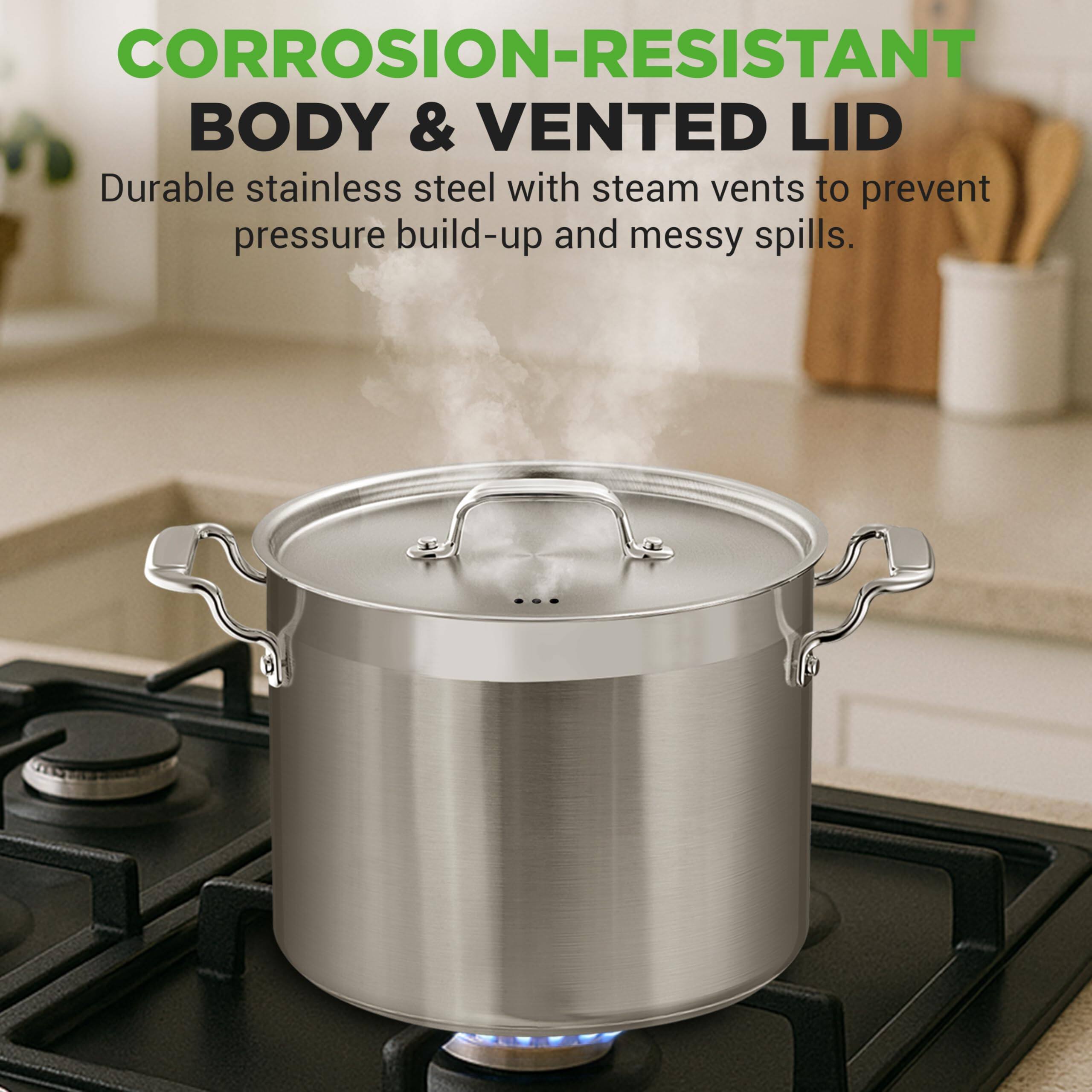 CORROSION-RESISTANT BODY & VENTED LID  
Durable stainless steel with steam vents to prevent pressure build-up and messy spills.