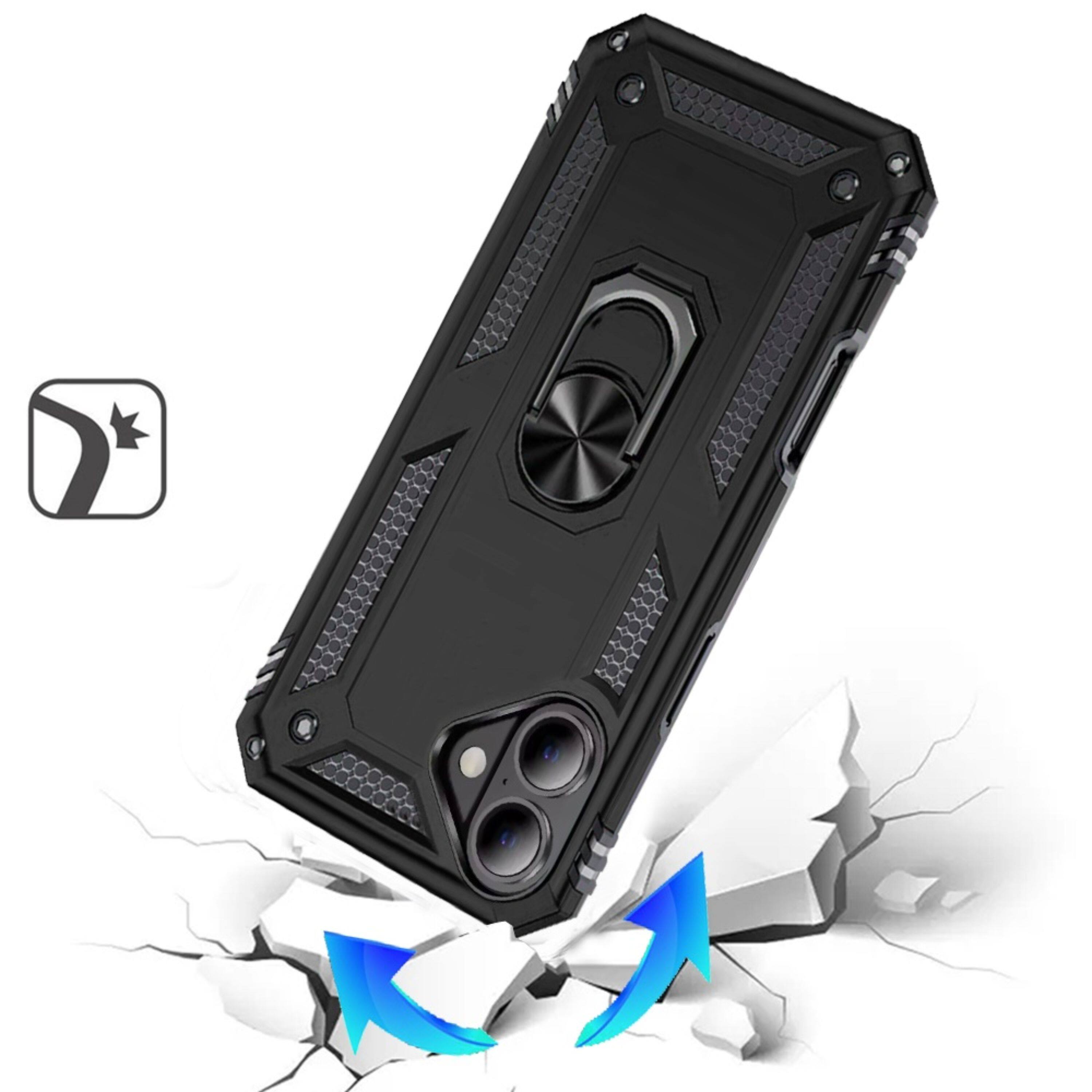 Left. Kitcheniva - Rugged Metal Ring Kickstand Phone Case With Tempered Glass For iPhone 17 Black - Black.