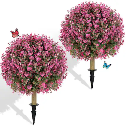 Front. Oumilen - 2 Pack Artificial Pink Flower Topiary Trees – UV Resistant Outdoor Fake Plants with Stakes, 26.3in for Garden Yard - Pink.