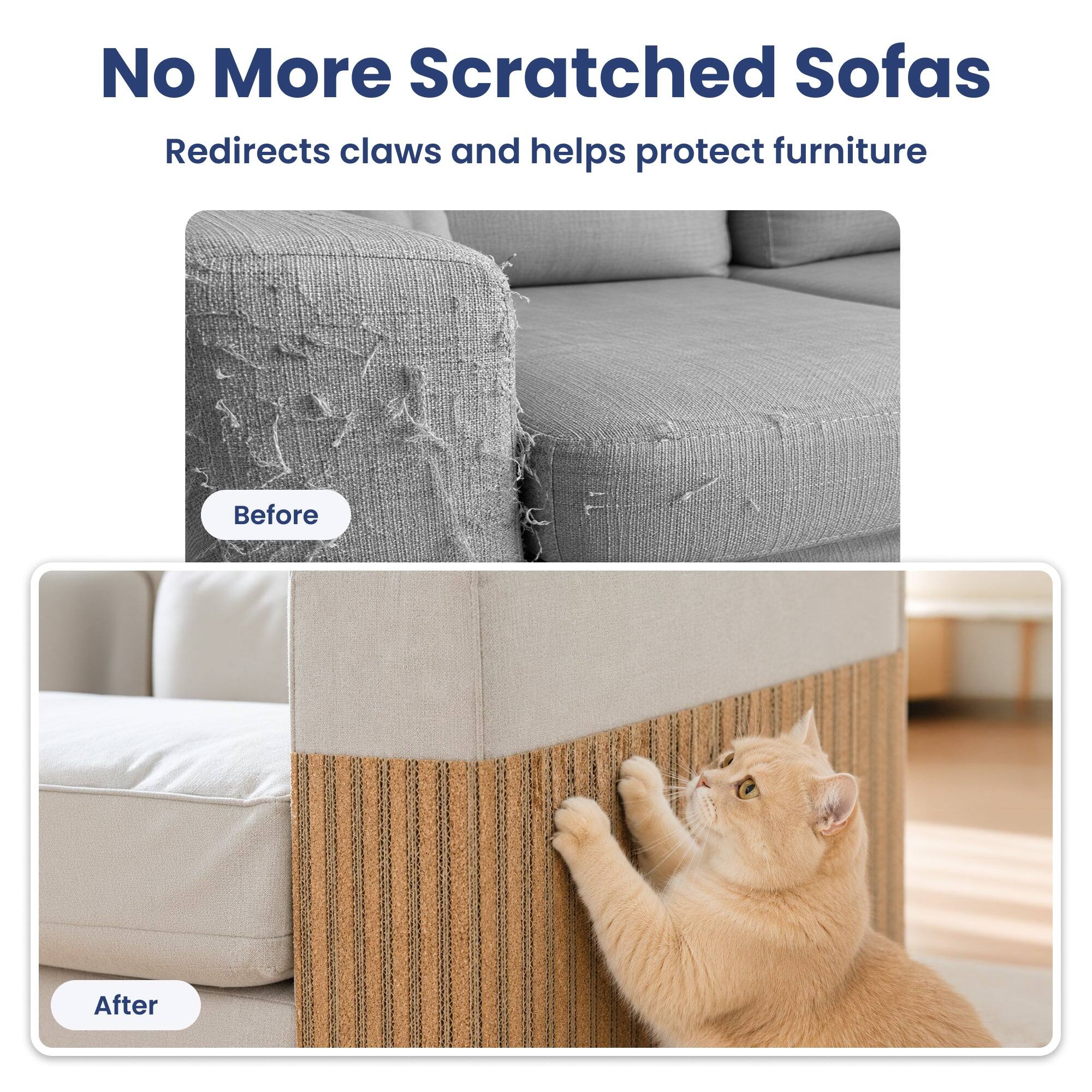 No More Scratched Sofas  
Redirects claws and helps protect furniture  

Before  
After